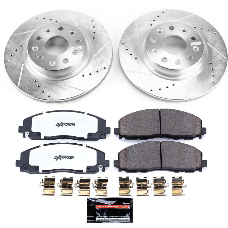 Power Stop Front Brake Kit For Jeep Wrangler 2018 2019 2020 2021 2022 2023 2024 - Truck & Tow Carbon Fiber Ceramic Brake Pads & Drilled and Slotted Rotors Replacement, K7941-36