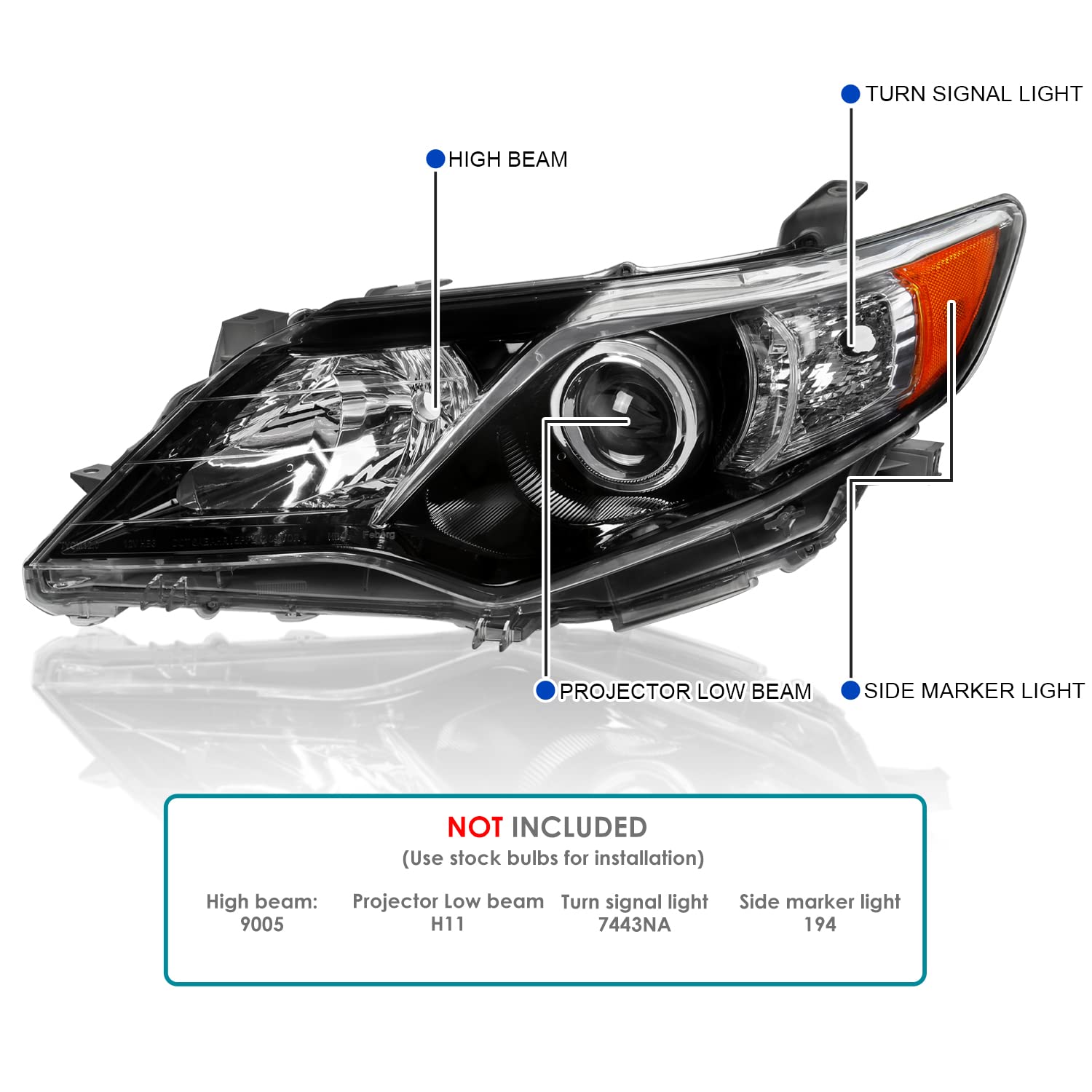 Left Driver Side SPEC-D TUNING Glossy Black Projector Headlight Compatible with 2012-2014 Toyota Camry