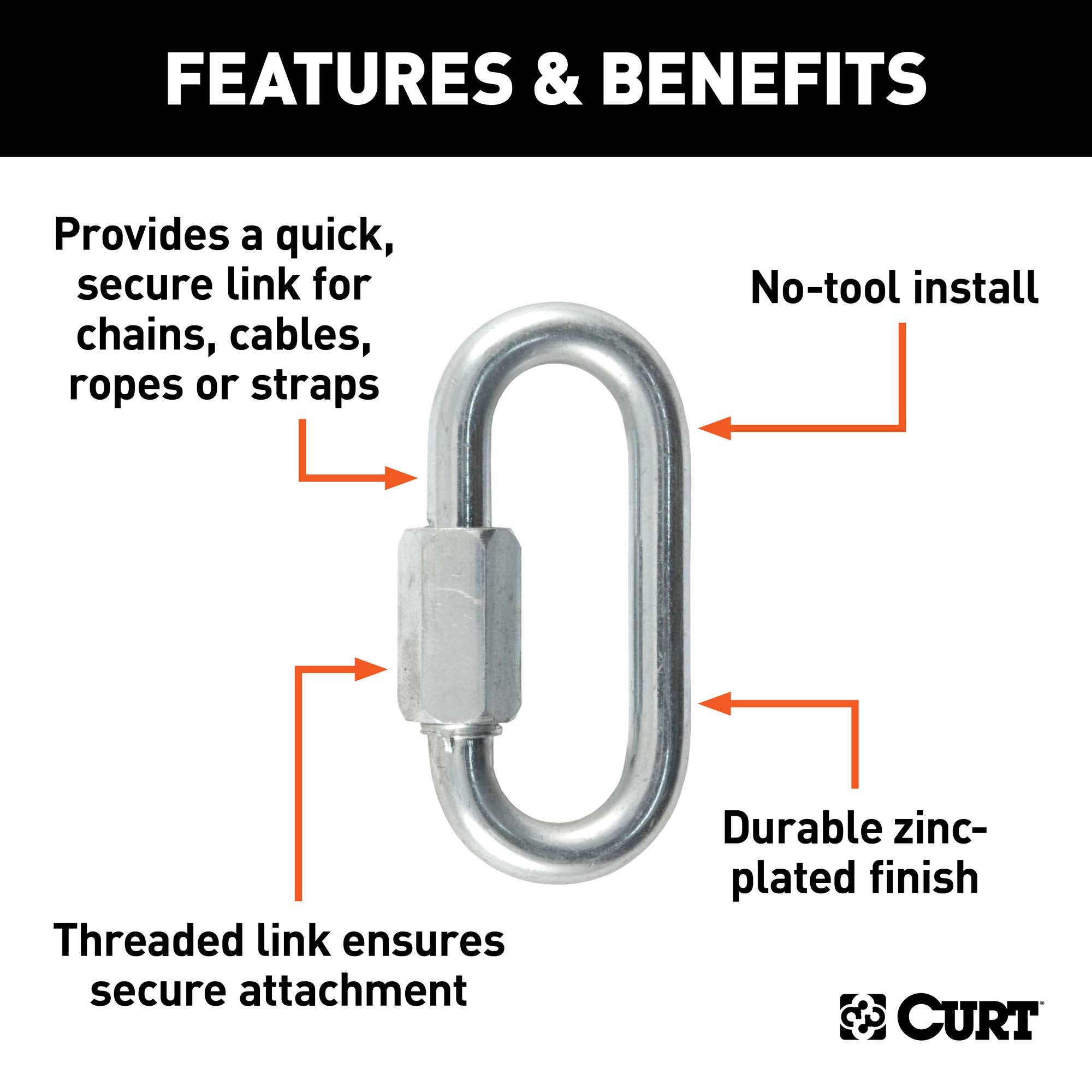CURT Threaded Quick Link 82901 Trailer Safety Chain Hook Carabiner Clip, 5/16-Inch Diameter, 1760 lbs Break Strength, CLEAR ZINC