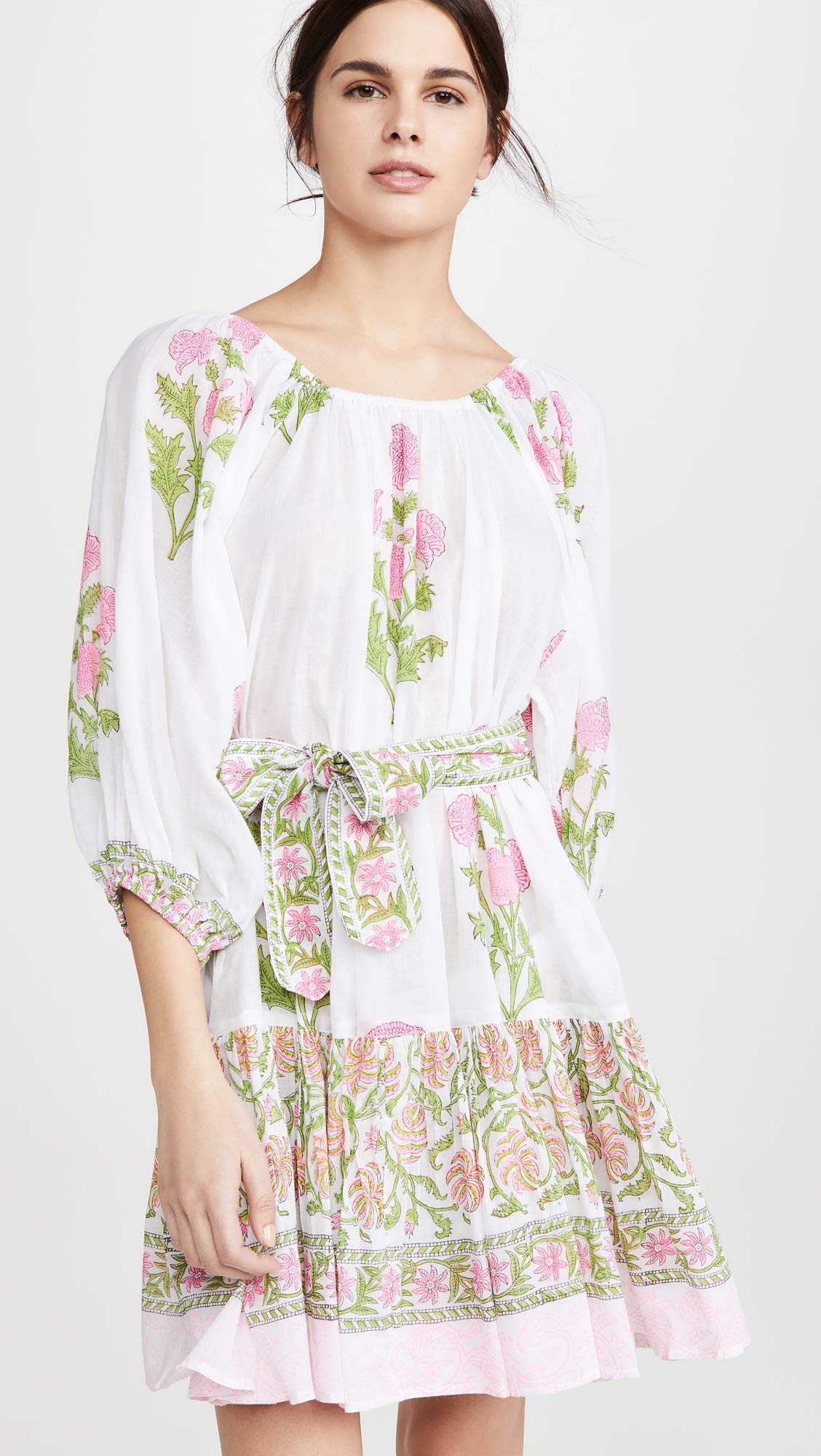 Women's Cotton Boho Dress Juliet Dunn, White/Pale Pink Neon, One Size