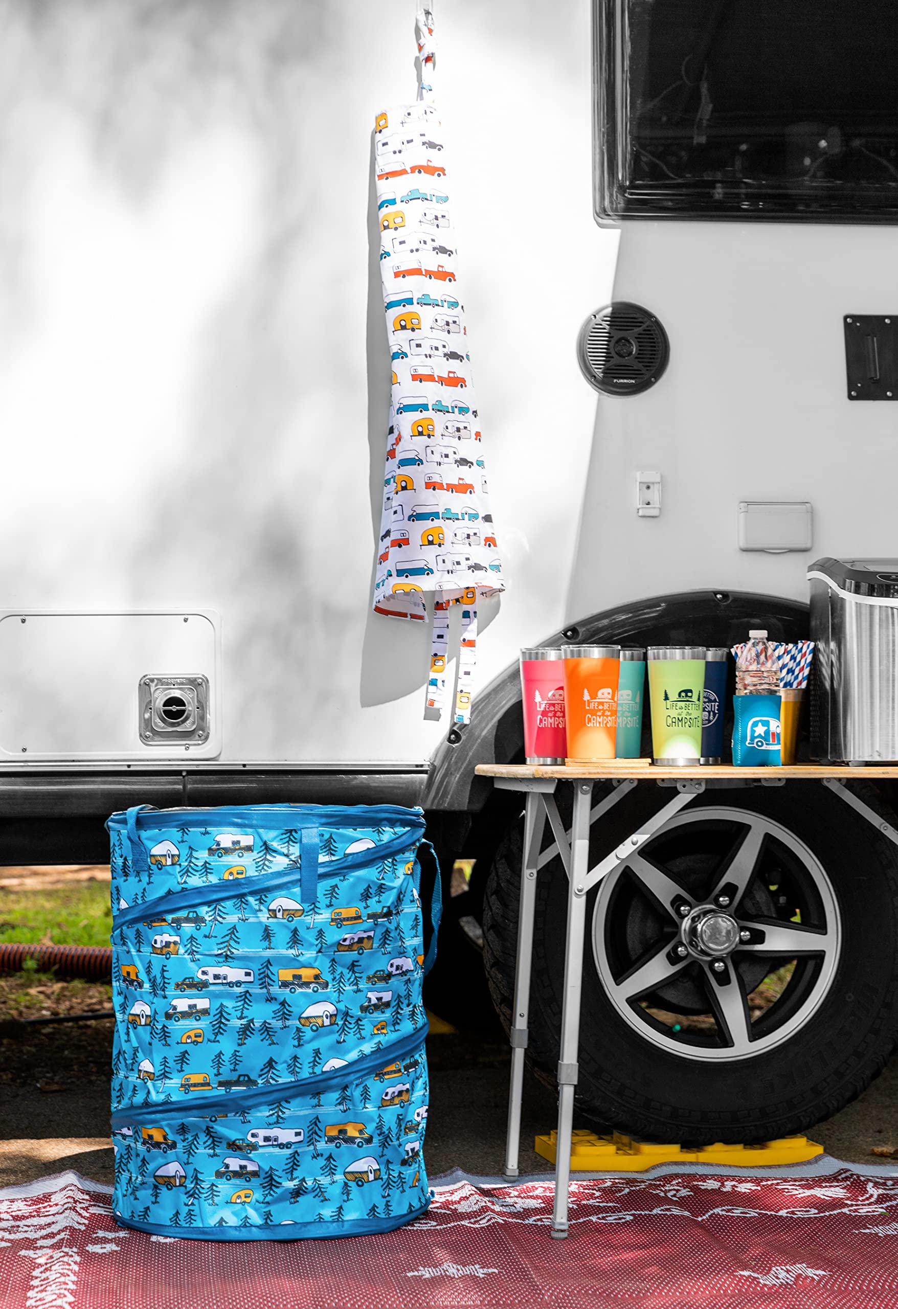 Camco Pop-Up Utility Container Life is Better at The Campsite - 18 x 24-inch - A Compact Size for Multi-Purpose Use - Sketched RVs and Trees Pattern (42987)