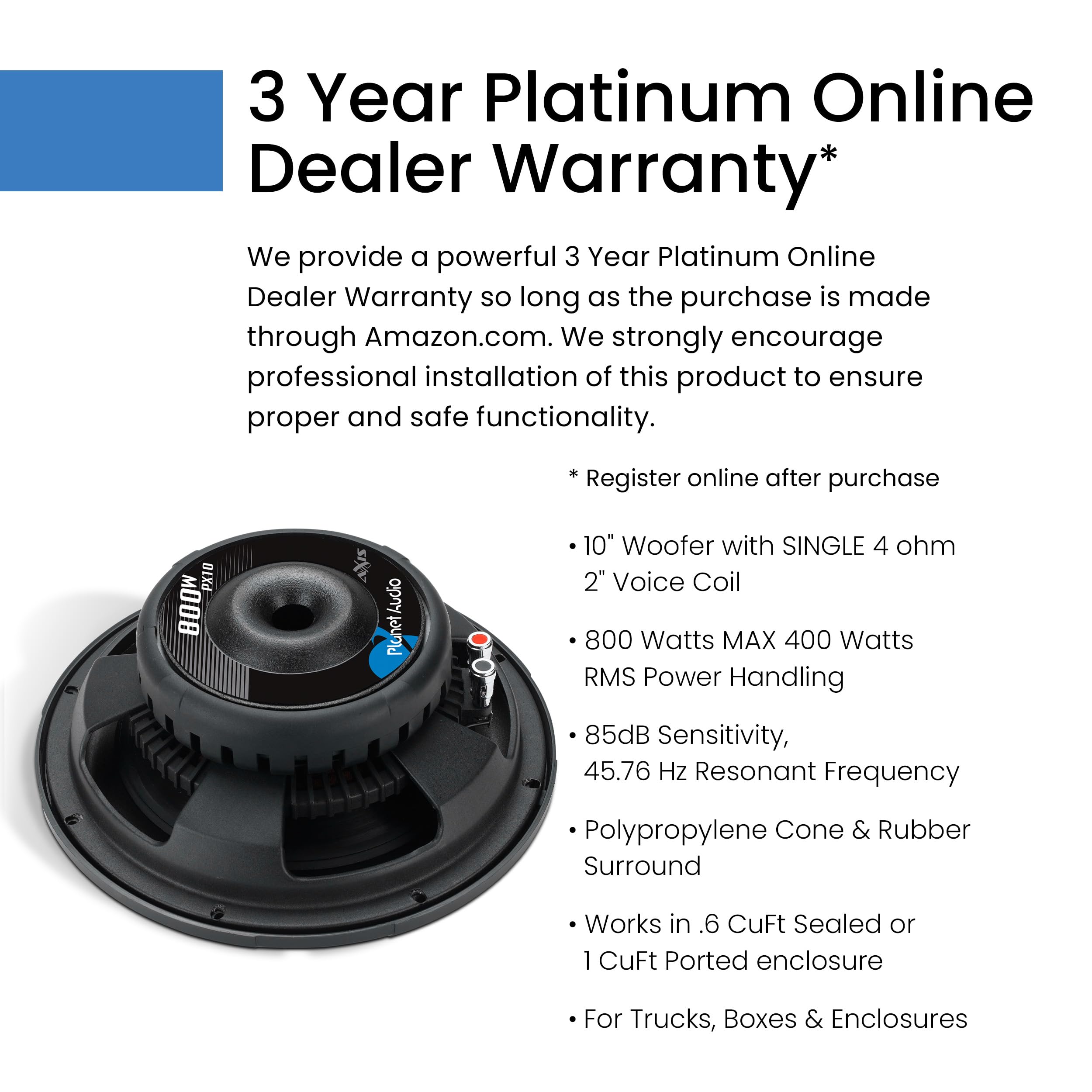 Axis Series Planet Audio PX10 10 Inch Car Subwoofer - 800 Watts Max, Single 4 Ohm Voice Coil, Sold Individually, Hook Up to Amp
