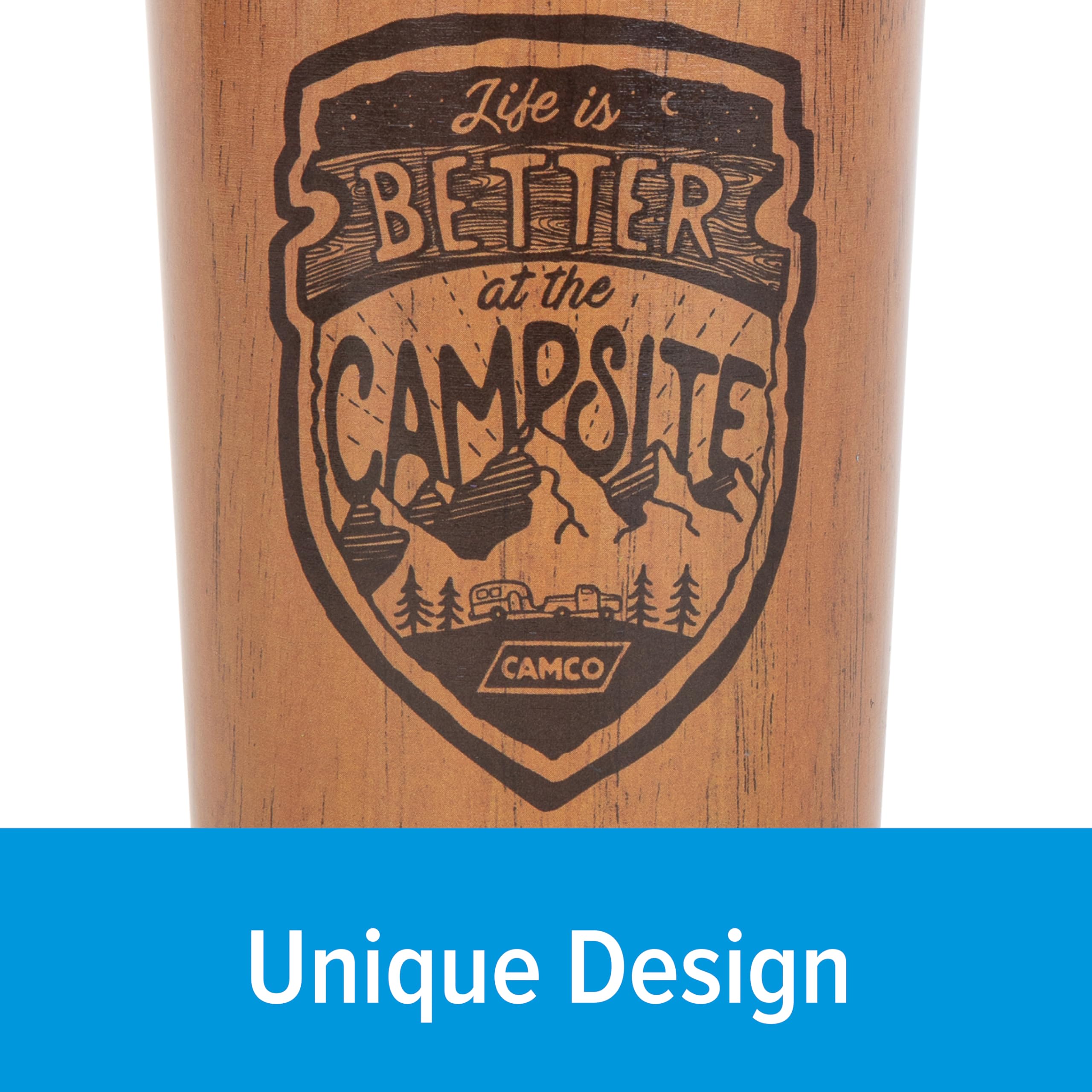 Wrapped Stainless Steel Tumbler Camco Life is Better at The Campsite - Features Double Wall Vacuum Insulation for Heat/Ice Retention & Unique Wood Grain Design - Holds 20 oz. (53327)