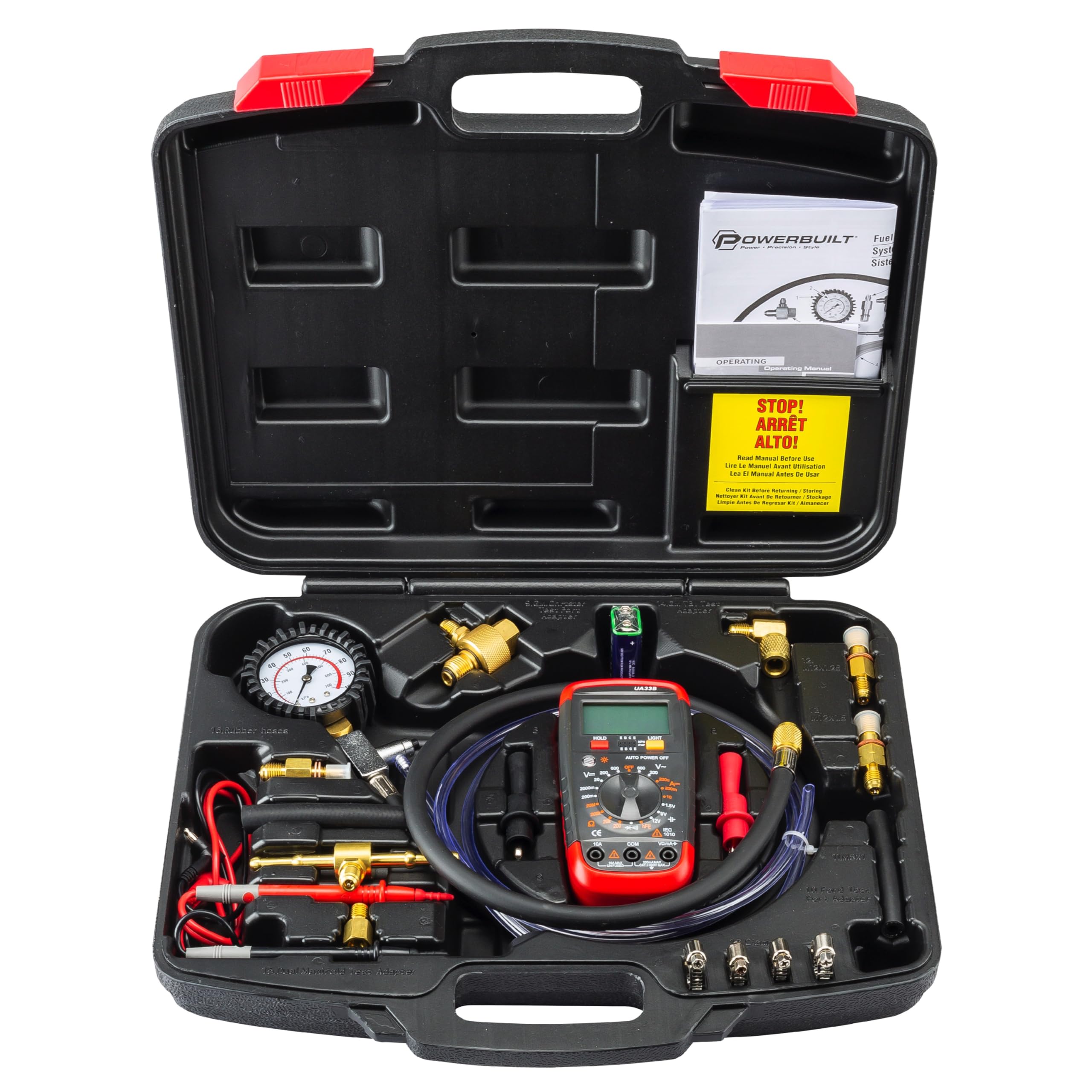 Powerbuilt Diagnostic Kit Fuel System, Pressure Test Gauge, Electrical Issues, Adapters, Test Leads, Multimeter, Storage Case - 647959