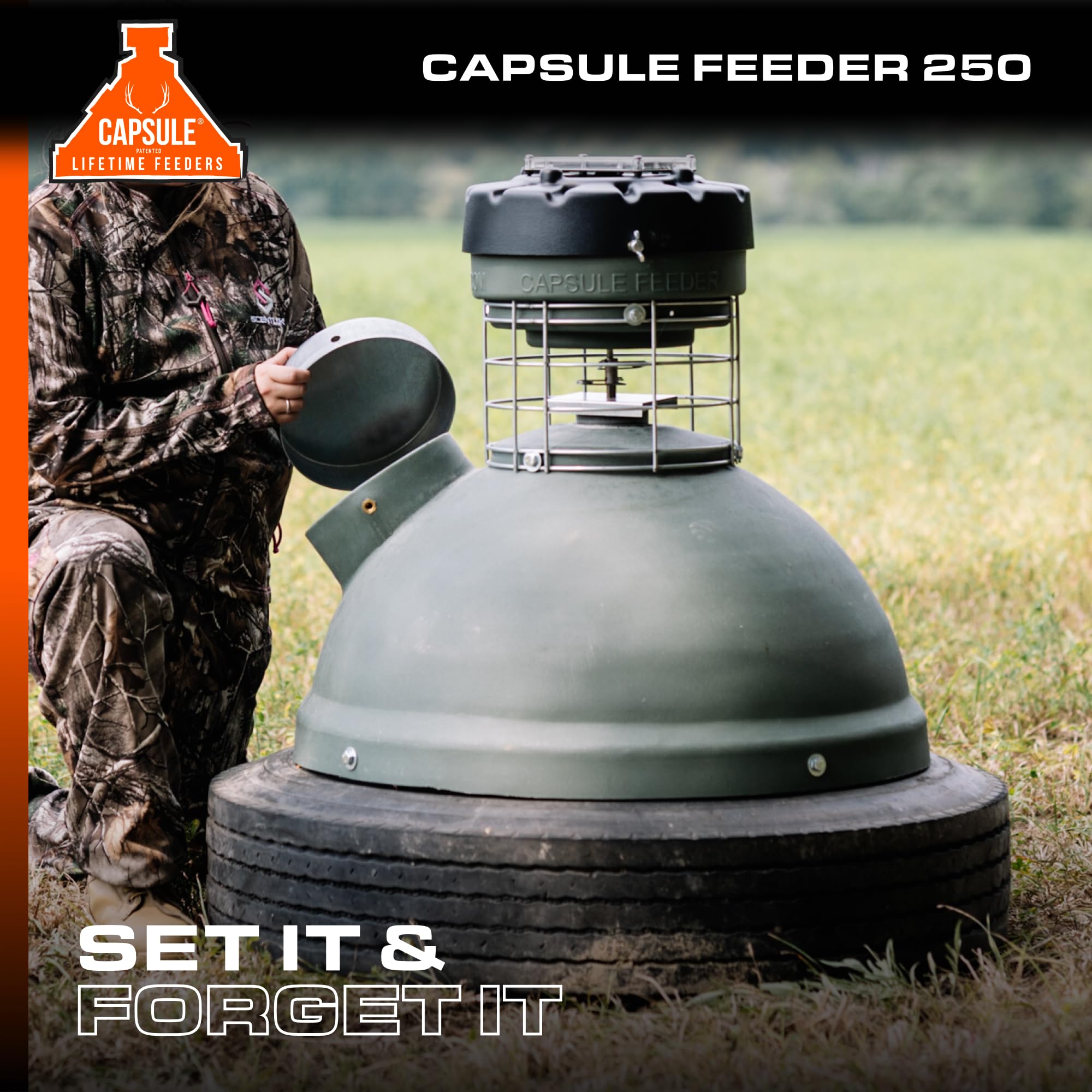 Feeder Game CAPSULE Feeder with 250LB Capacity, 360-Degree Broadcast Hunting Game