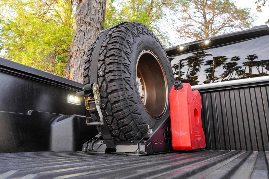 Offroad DV8 Truck Bed Universal Tire Carrier & Accessory Mount | Featured Side Molle Panels for Mounting Gear & Supplies | Adjustable for Carrying Various Sized Tires and Bikes | Powder Coated Finish