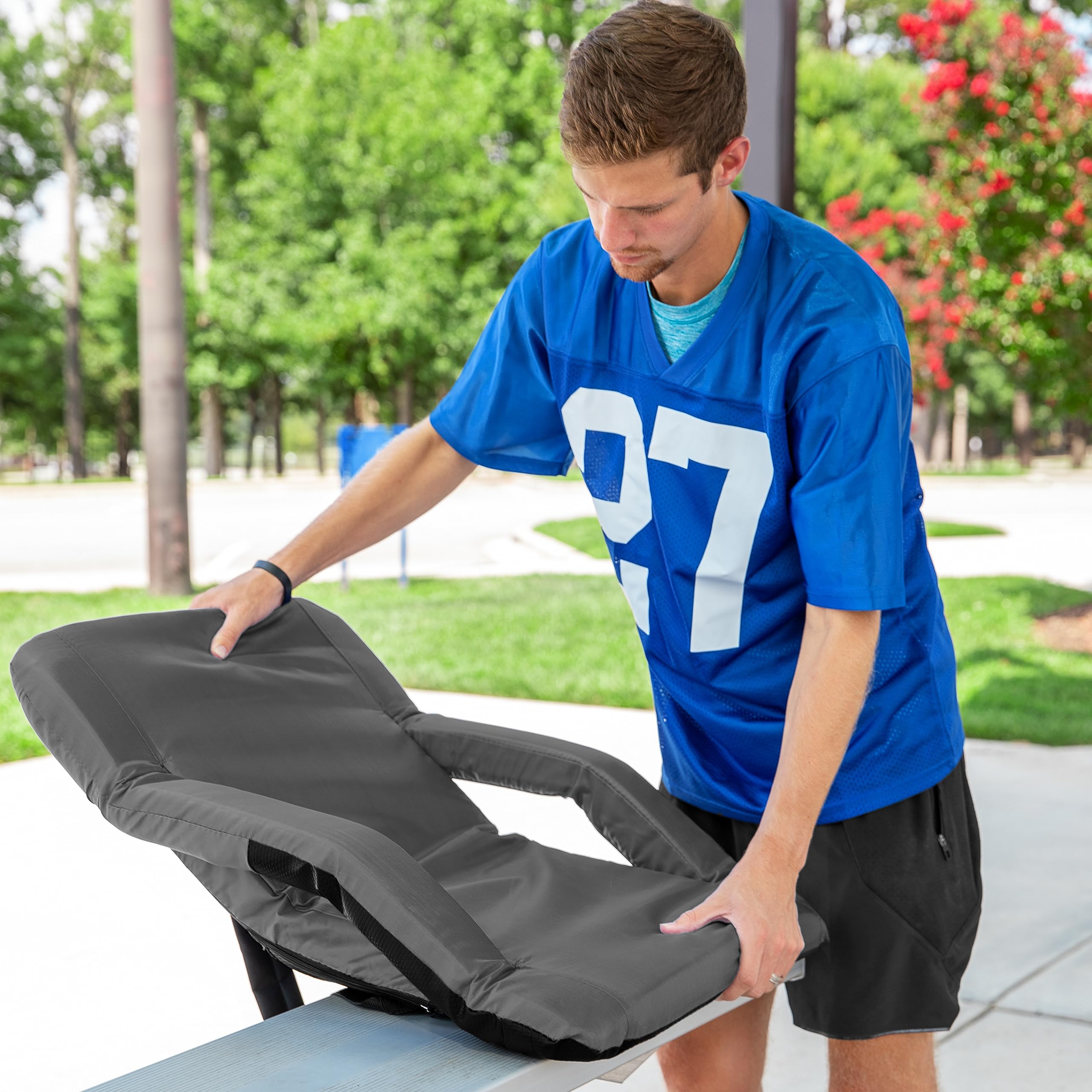 Portable Stadium Seat Camco | Ideal for Benches, Picnics, The Beach, Outdoor Concerts, Sporting Events, and More | Grey (53101)