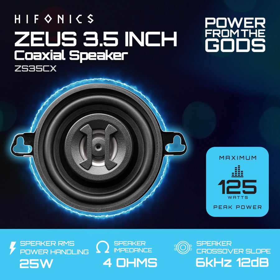 Hifonics Zeus 3.5 Inch ZS35CX 2 Way 125W Car Audio Coaxial Speakers with Mylar Dome Tweeter and Alpha Cellulose Poly Woofers, Pair
