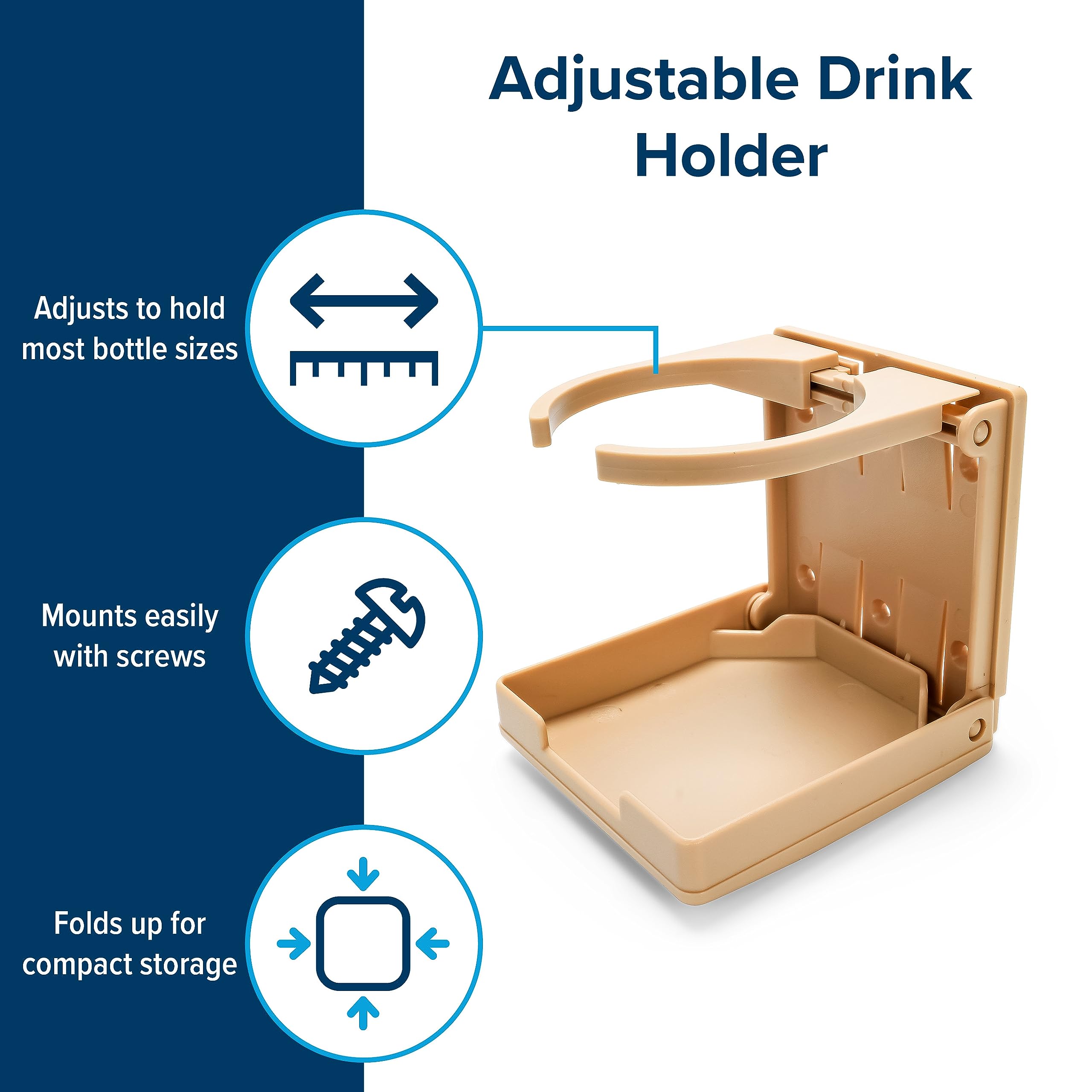 Camco Drink Holder Camper/RV - Features Adjustable Space-Saving Design & Holds Almost Any Size Mug, Cup, Bottle or Can - Extra Cup Holder for Cars, Trucks, RVs, Vans, Boats, and More - Khaki (44042)