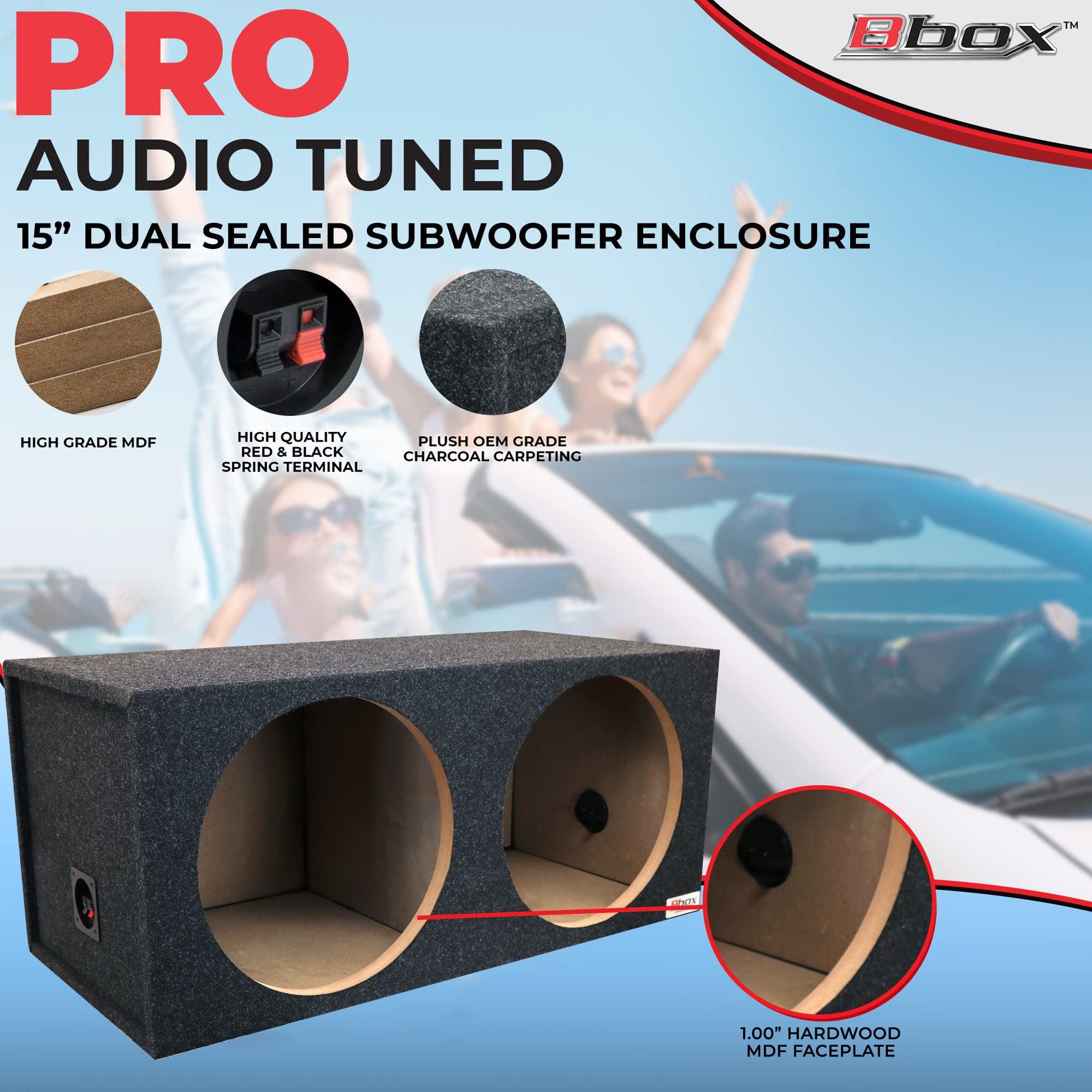 Bbox 15 Inch Dual Sealed Subwoofer Enclosure - Pro Audio Tuned Dual Sealed Car Subwoofer Boxes & Enclosures - Premium Subwoofer Box Improves Audio Quality, Sound & Bass - Spring Terminals