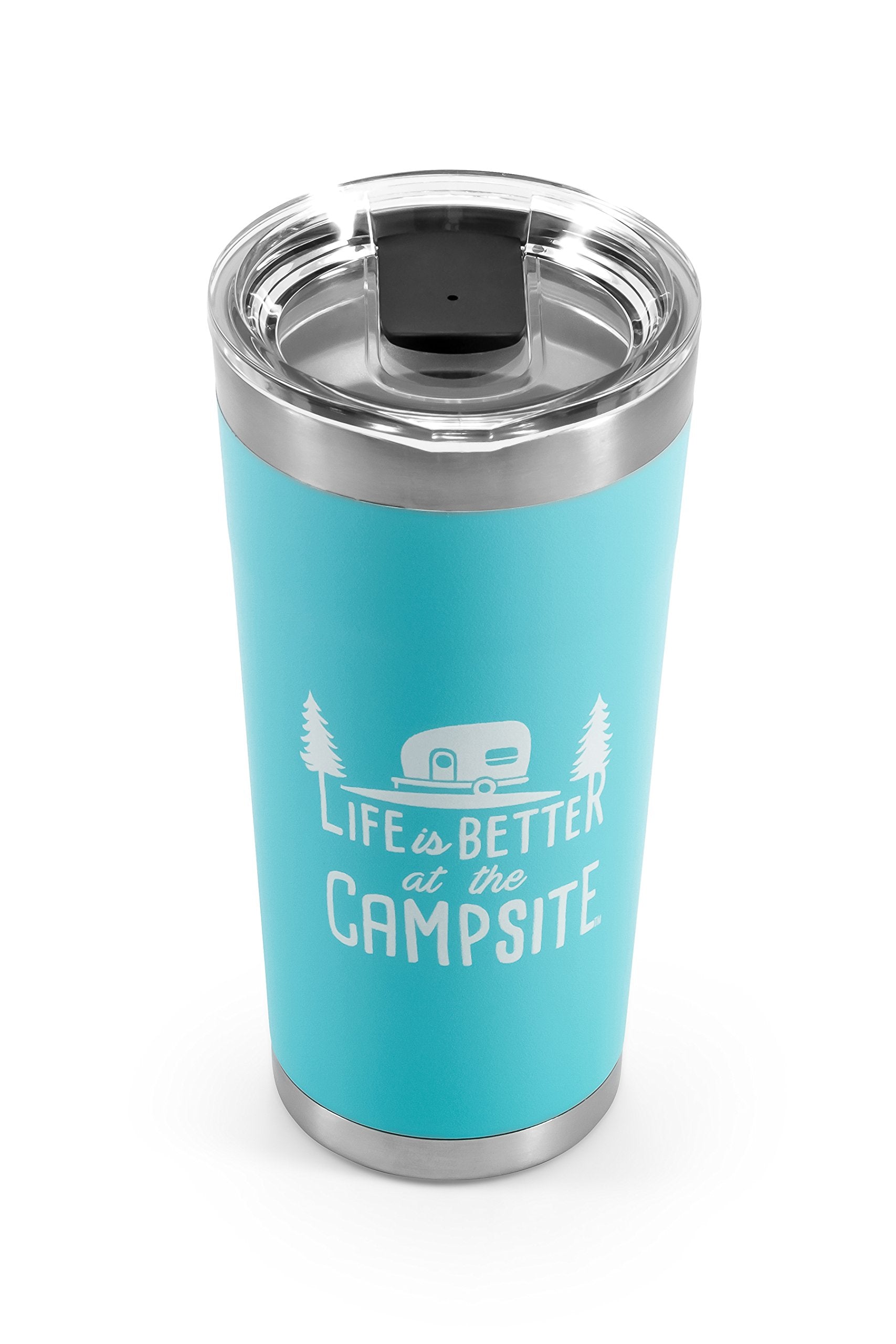 Tumbler Camco Life is Better at The Campsite | Heavy Duty Double Wall Vacuum Insulation | Crafted of 18/8 Stainless Steel | Unique “Life is Better at The Campsite” Design on Cool Blue | 20-oz (53057)