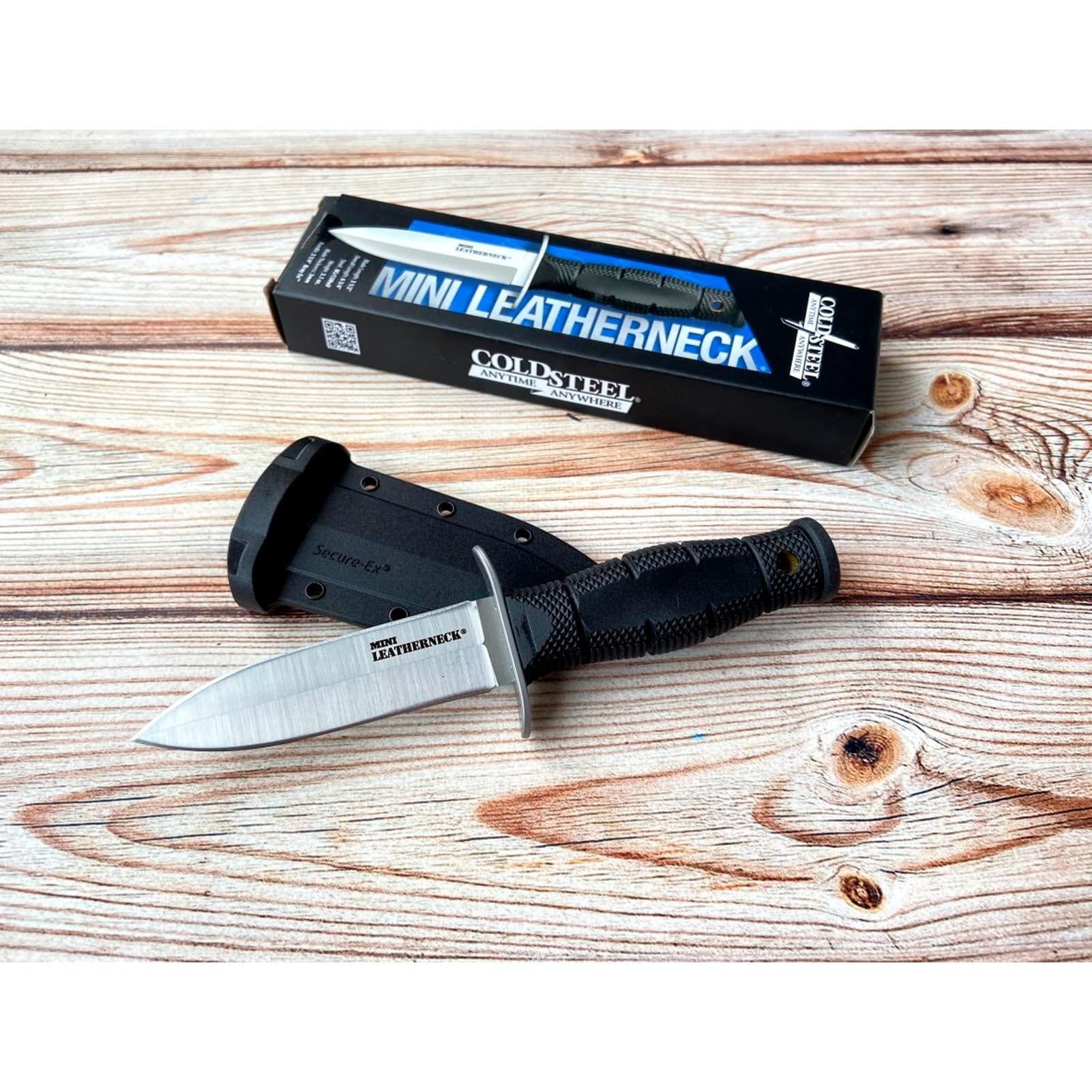 Mini Leatherneck Cold Steel Double Edge Spear Point Compact Lightweight 3.5" 8CR13MOV Steel Fixed Blade Outdoor Hunting Utility Knife, 3.25" Textured Ergonomic Kray-Ex Handle, Secure-Ex Sheath