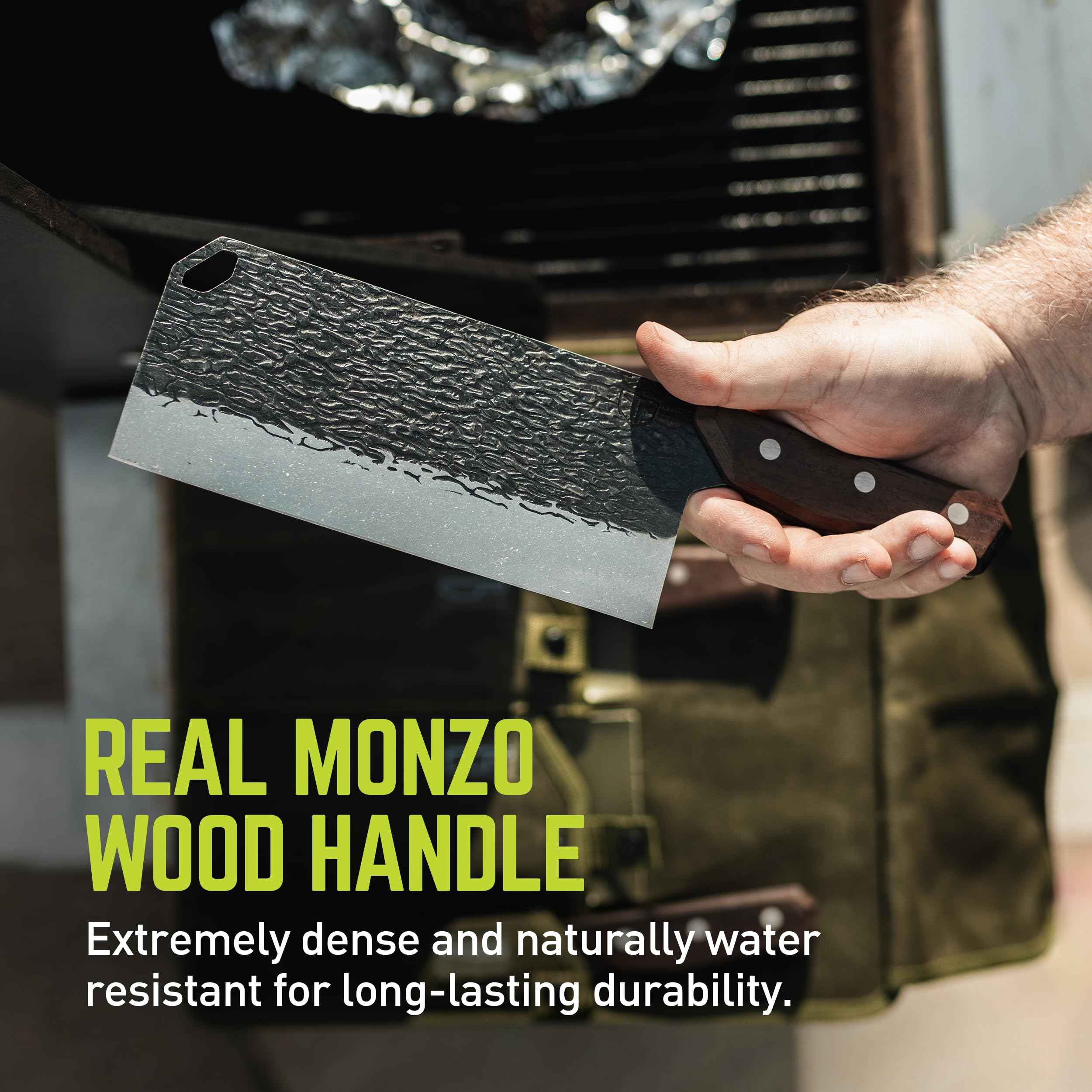 PrimalForge TRUE Cleaver Knife | Cutting Meat, Chopping Fruits & Vegetables, Home & Professional Knife, Rugged Stonewash Finish, Sharp 5Cr15MoV Stainless-Steel, Wood Handle, Hand Forged Appearance