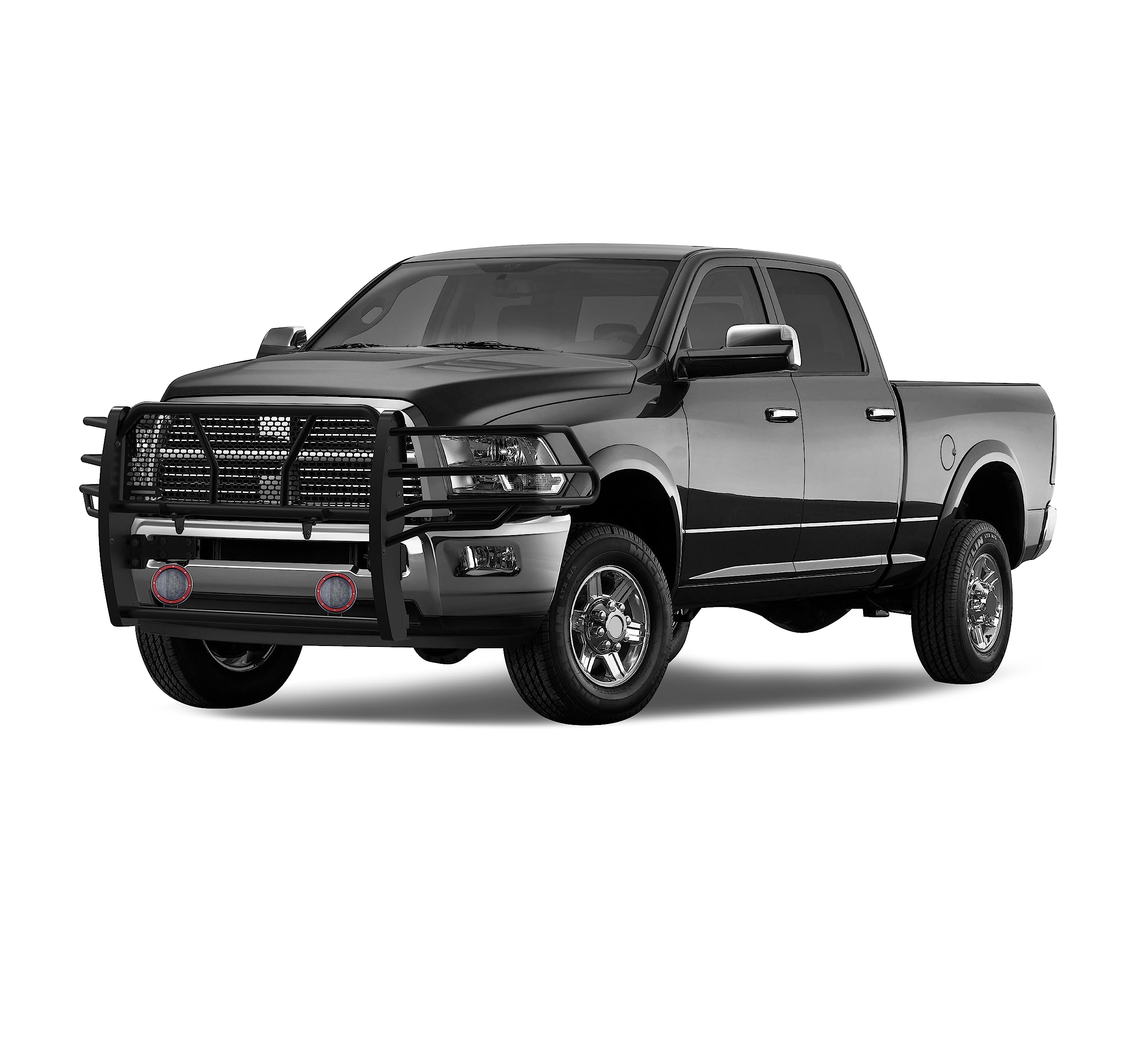 Heavy Duty Black Horse Rugged Grille Brush Bumper Guard Modular Black Come with Pair of 5.3" Dia.LED Lights with Red Trim Rings Compatible with 2010-2018 Dodge Ram 2500/3500-RU-DORA10-B-PLFR
