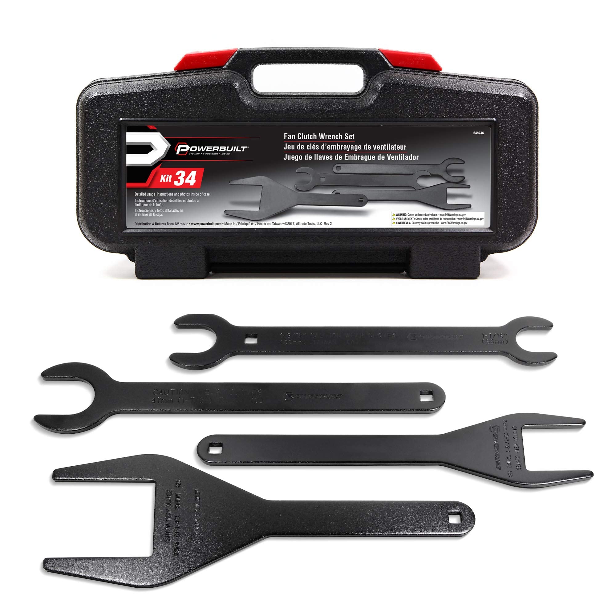 Fan Clutch Wrench Kit Powerbuilt, 4 Piece, Remove Fan Clutches, Ford, Chrysler, Jeep, Some Import Vehicles, Storage Case - 648746, Black