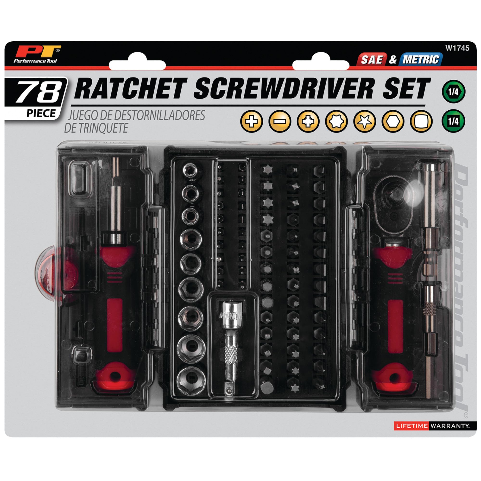W1745 Performance Tool 78 Pc. Ratcheting Driver Tool Set, 1/4 in. Drive Ratchet, Bit Driver, Extensions, Bit Holders, Bits and Sockets, Storage Case, Red