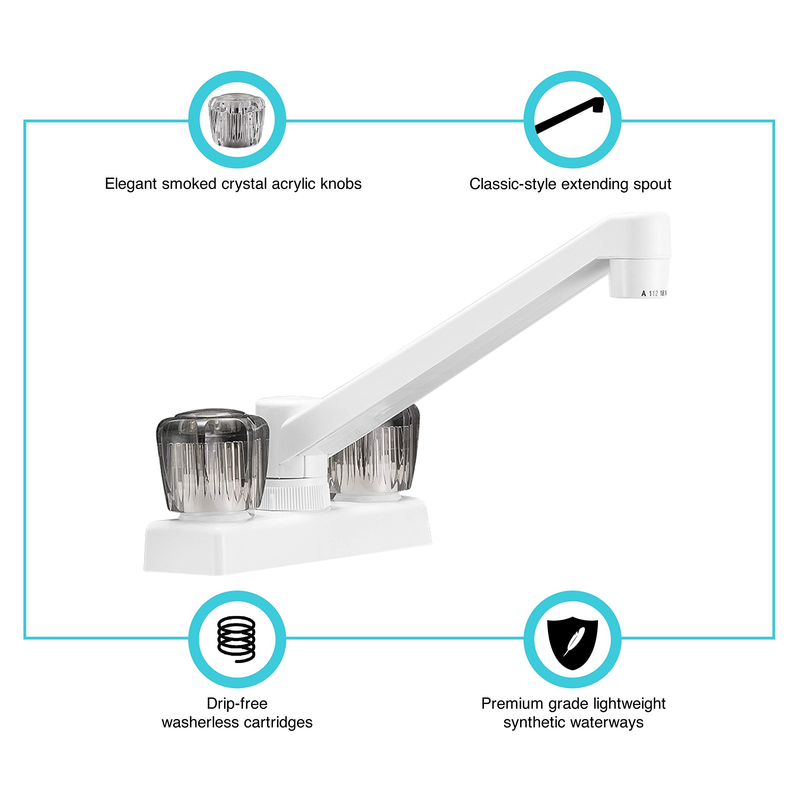 Dura Faucet RV Swivel Kitchen, Galley or Bar Faucet DF-PK640S-WT with Smoked Acrylic Knobs (White)