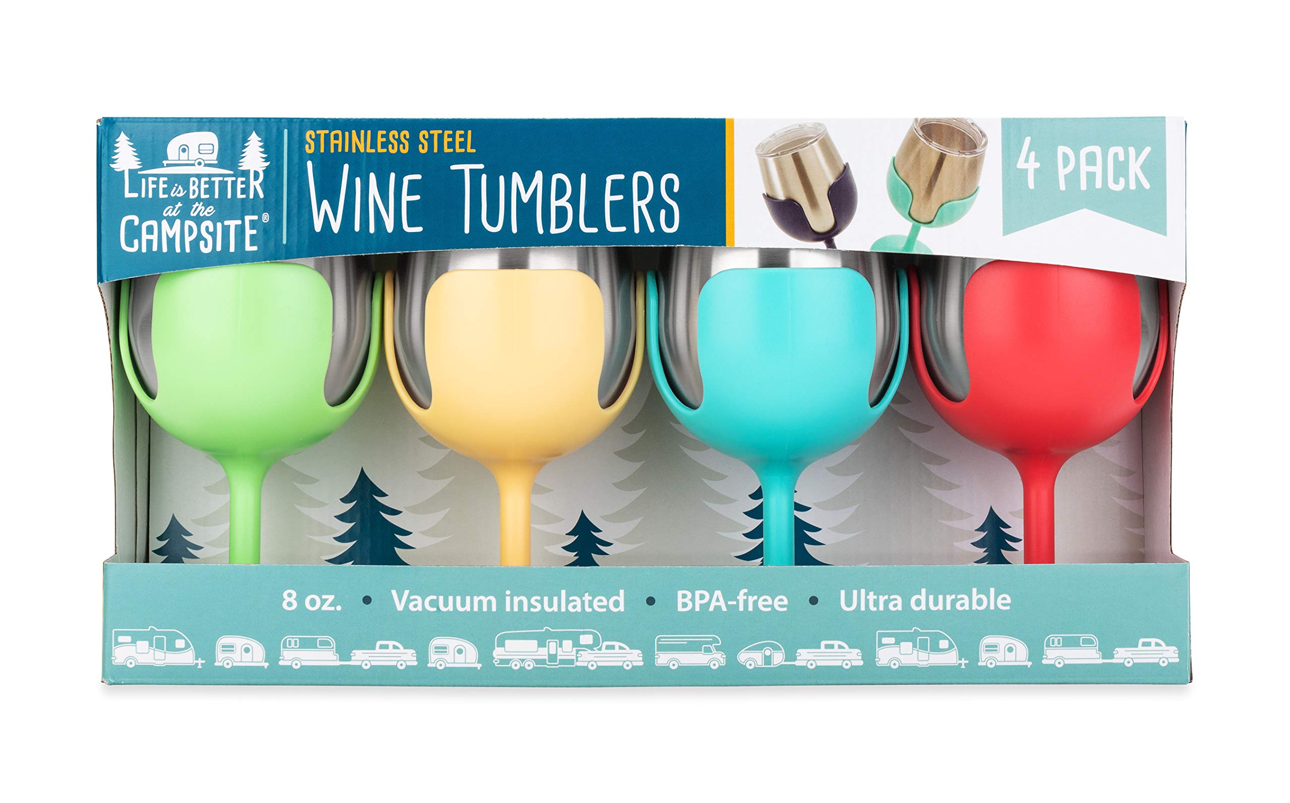Camco Wine Tumbler Life is Better at The Campsite | Heavy Duty Double Wall Vacuum Insulation | Crafted of 18/8 Stainless Steel | Removable Green, Yellow, Blue & Pink Stems | 4-Pk, 8-oz/Each (53068)