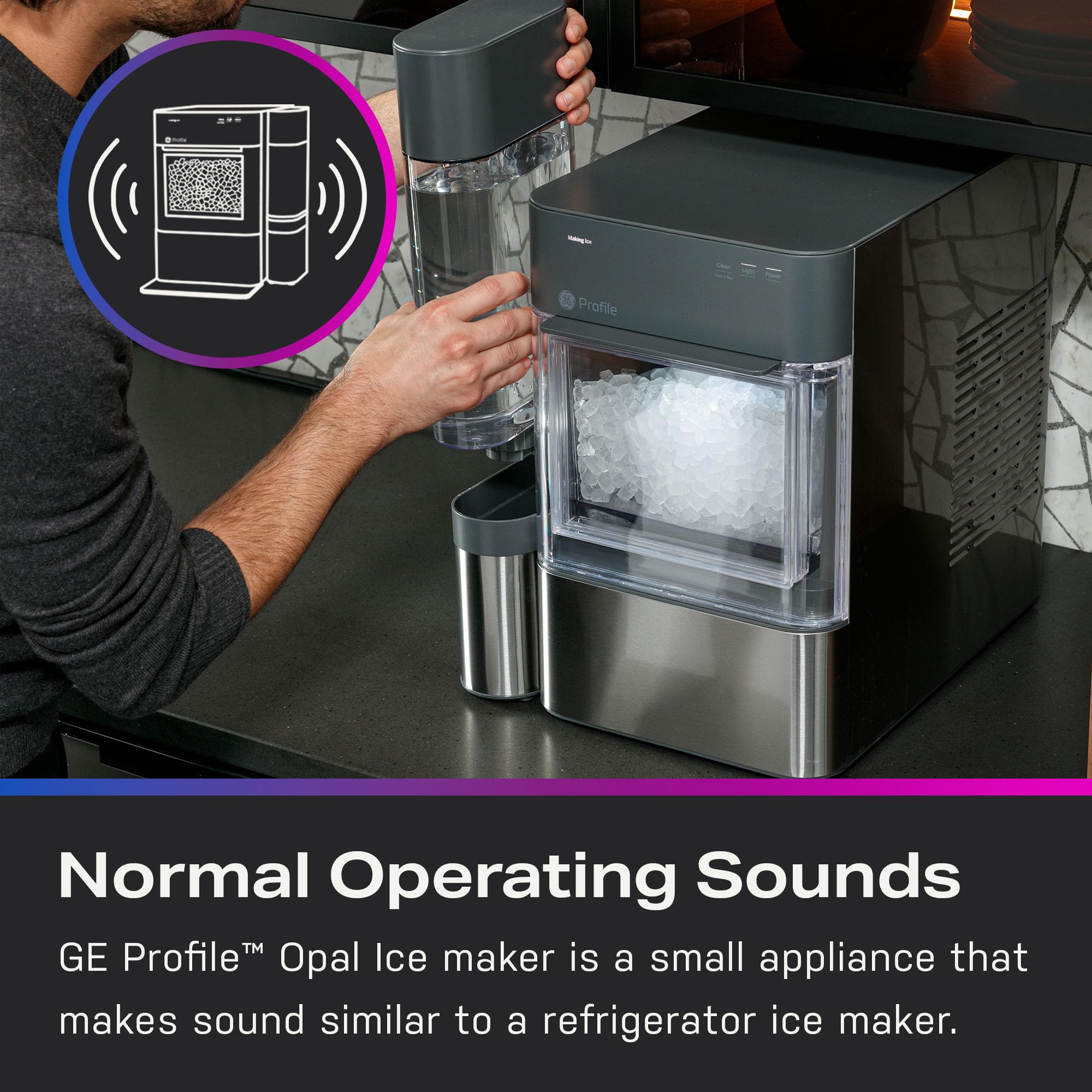 Opal 2.0 GE Profile with 0.75 Gallon Tank, Chewable Crunchable Countertop Nugget Ice Maker, Scoop included, 38 lbs in 24 hours, Pellet Ice Machine with WiFi & Smart Connected, Stainless Steel