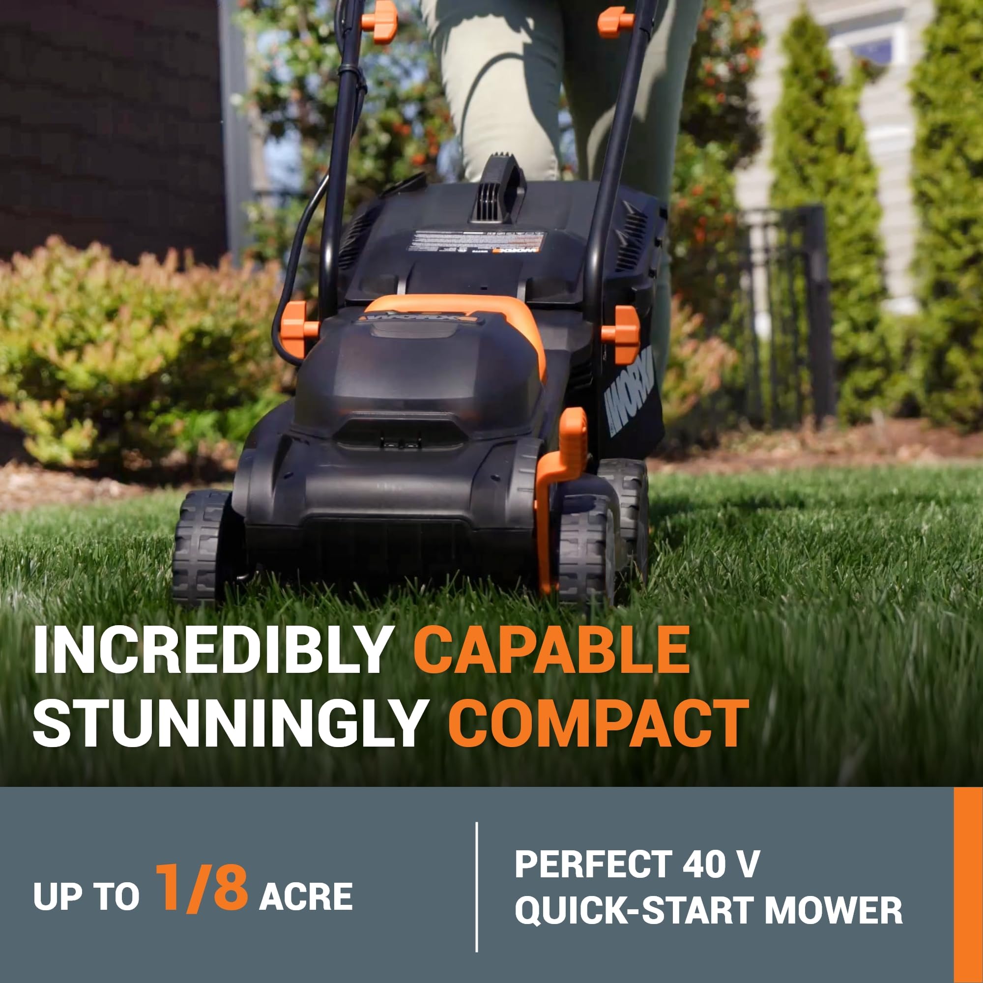 14" WORX Cordless Lawn Mower, 2 in 1 Electric Mower Cuts Quietly, Compact & Lightweight Push Lawn Mower with 6-Position Height Adjustment for Small Yards, 2 Batteries & Charger Included, WG779