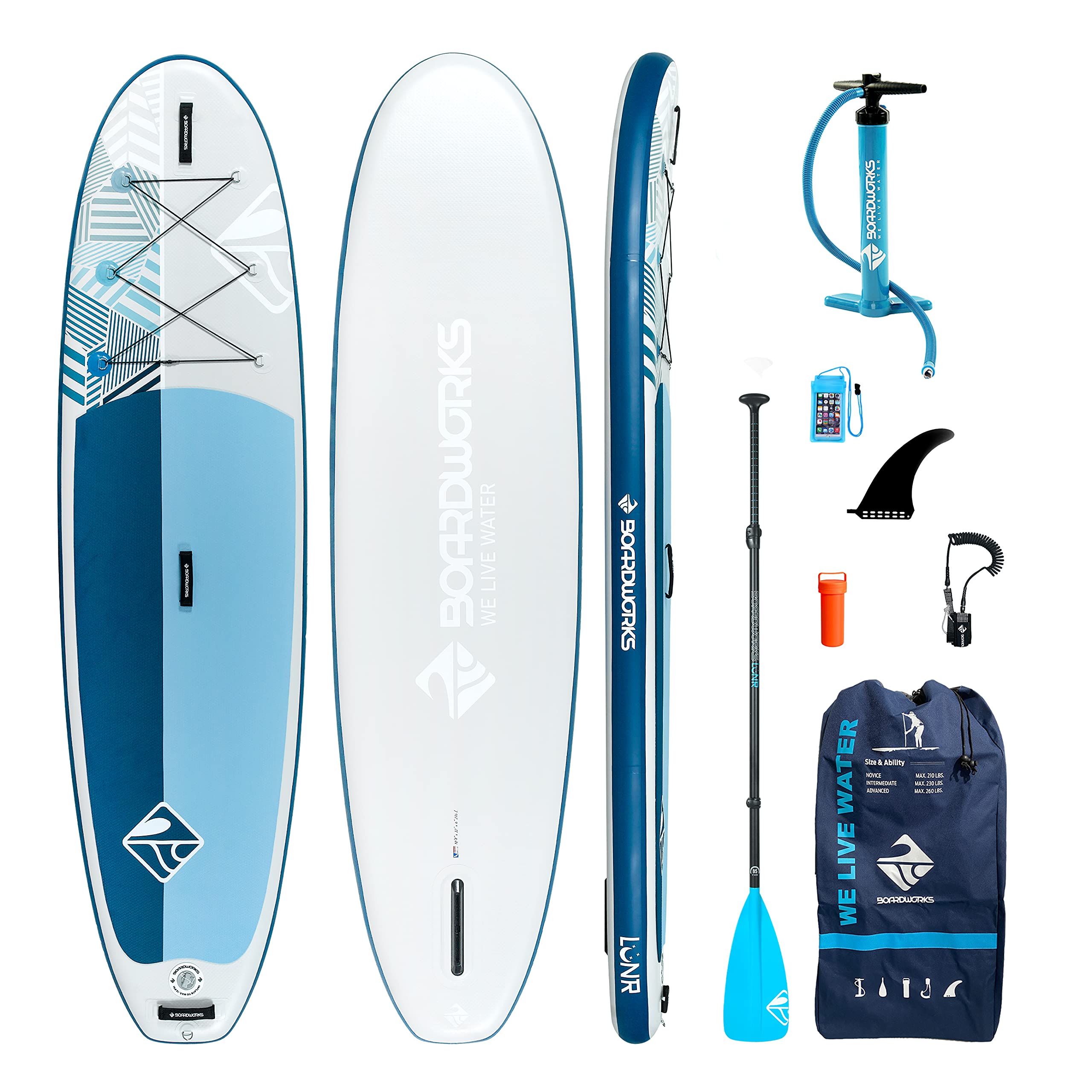 Inflatable Boardworks Lūnr Stand-Up Paddle Board (iSUP) | SUP Package Includes Three Piece Paddle, Carry Bag, Leash, Phone Case and Pump (SUP) Complete Kit | 10’5”, Blue/White