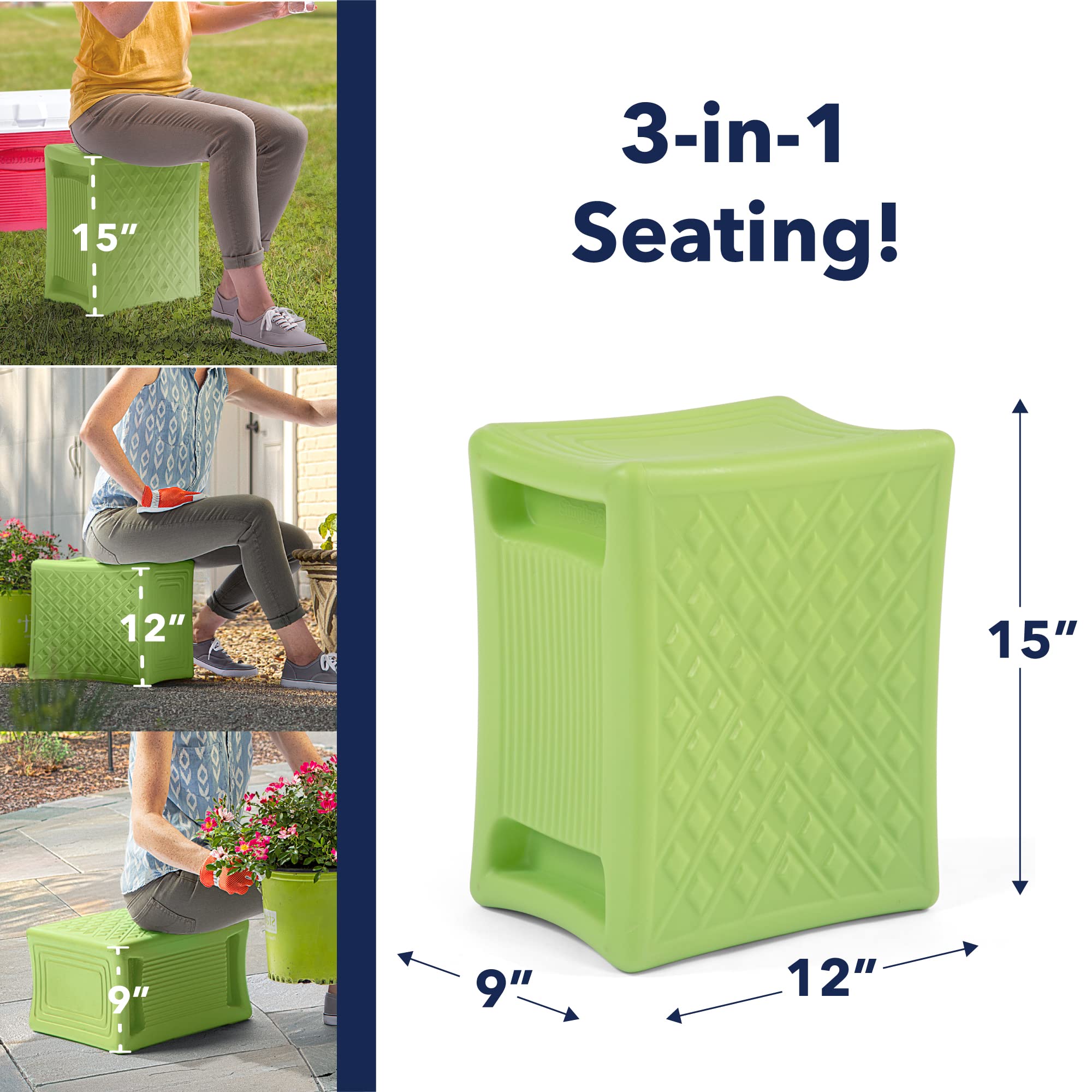 Simplay3 3-Level Handy Home Heavy Duty Work/Garden Seat - 12" x 15" x 9" - Green, Made in USA