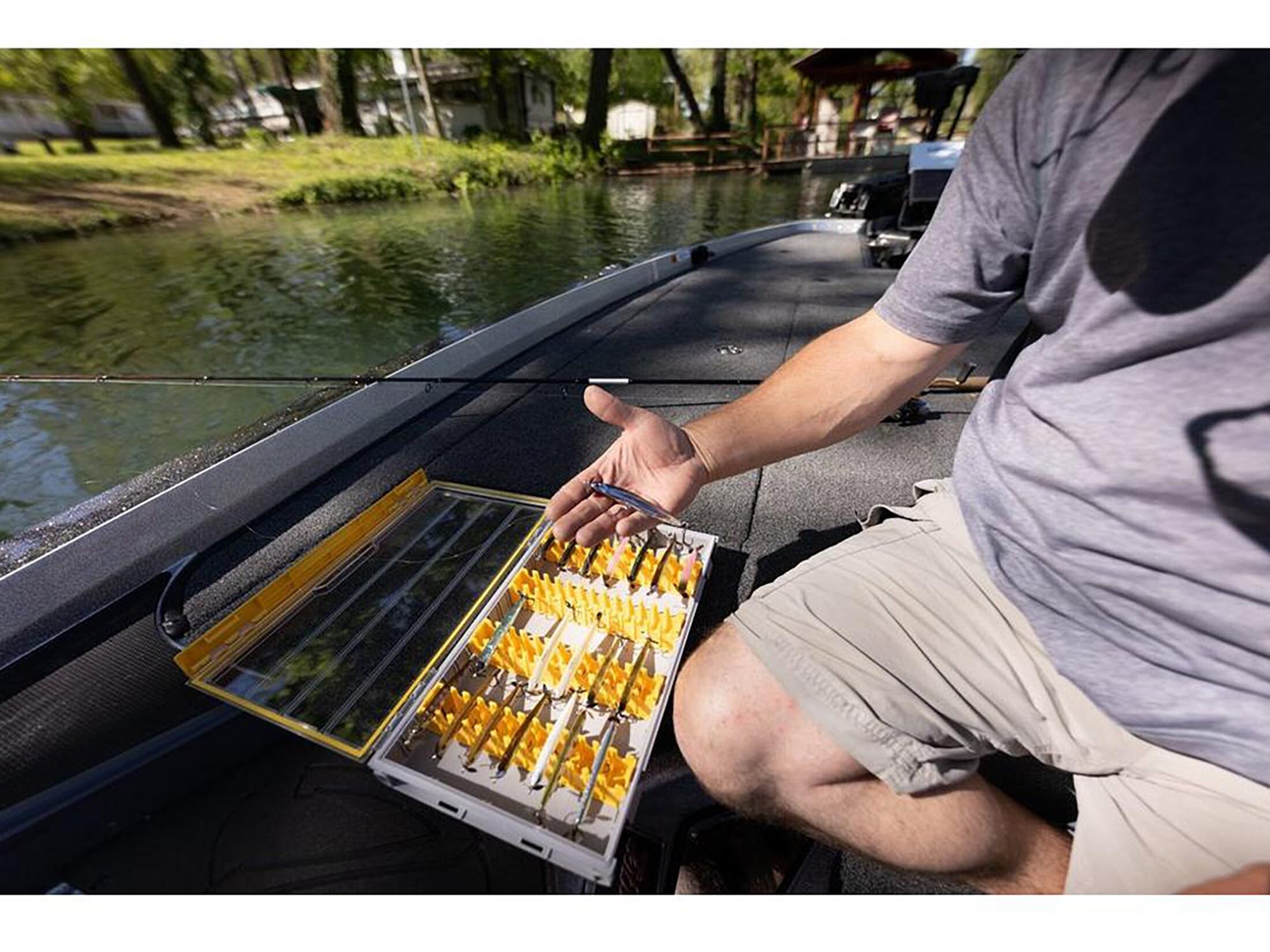 Plano 3700 Edge Vertical Jig & Spybait Box Tackle Storage, Gray and Yellow, Holds Up to 52 Vertical Baits, Rust-Resistant and Waterproof Bait Organizer Box