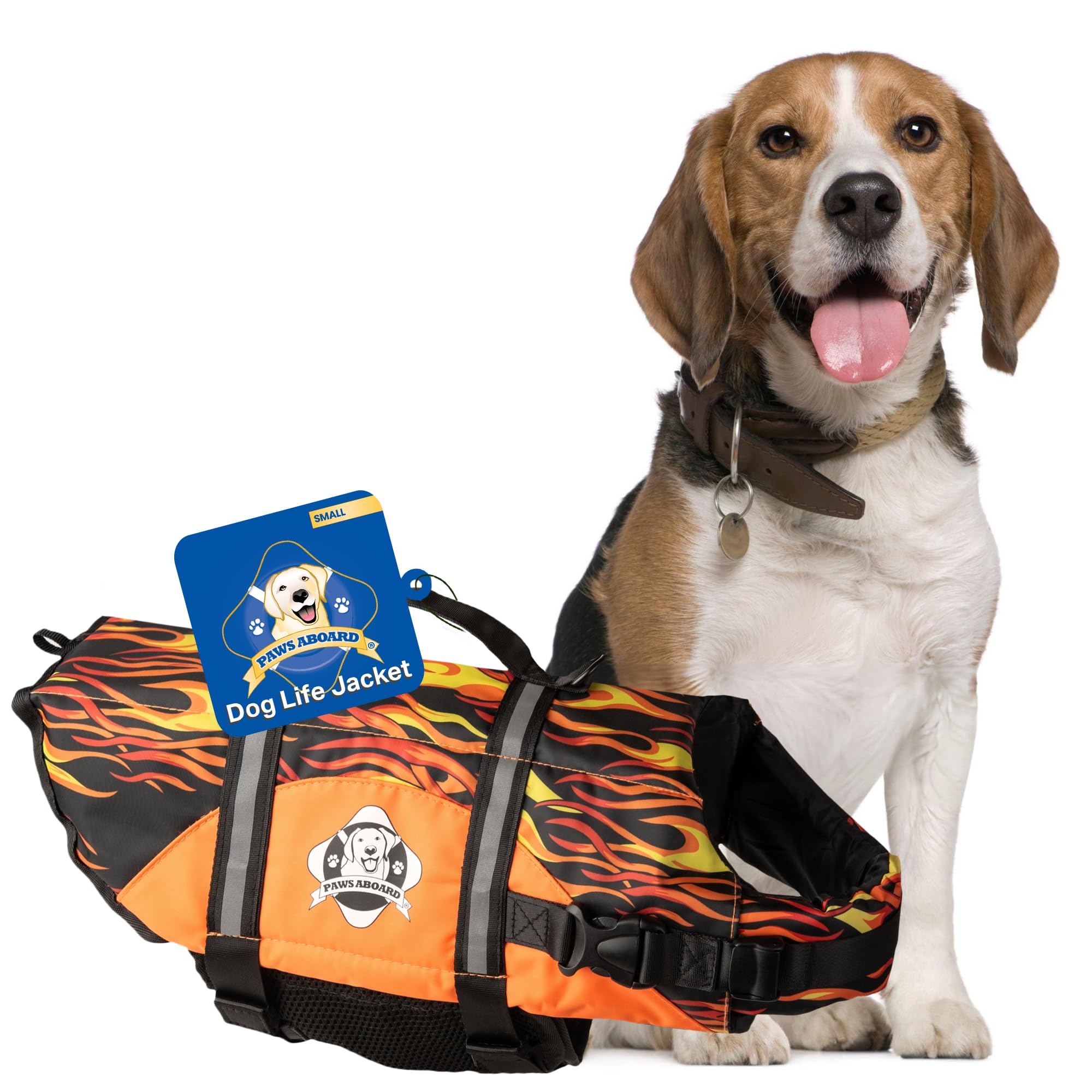 Dog Life Jacket Paws Aboard - Swimming Vest for Dogs, Adjustable, Reflective, Comfortable, Multiple Colors, Patterns, XX-Small to Extra Large Dog Swim Vest with Handle (Racing Flames, Small)