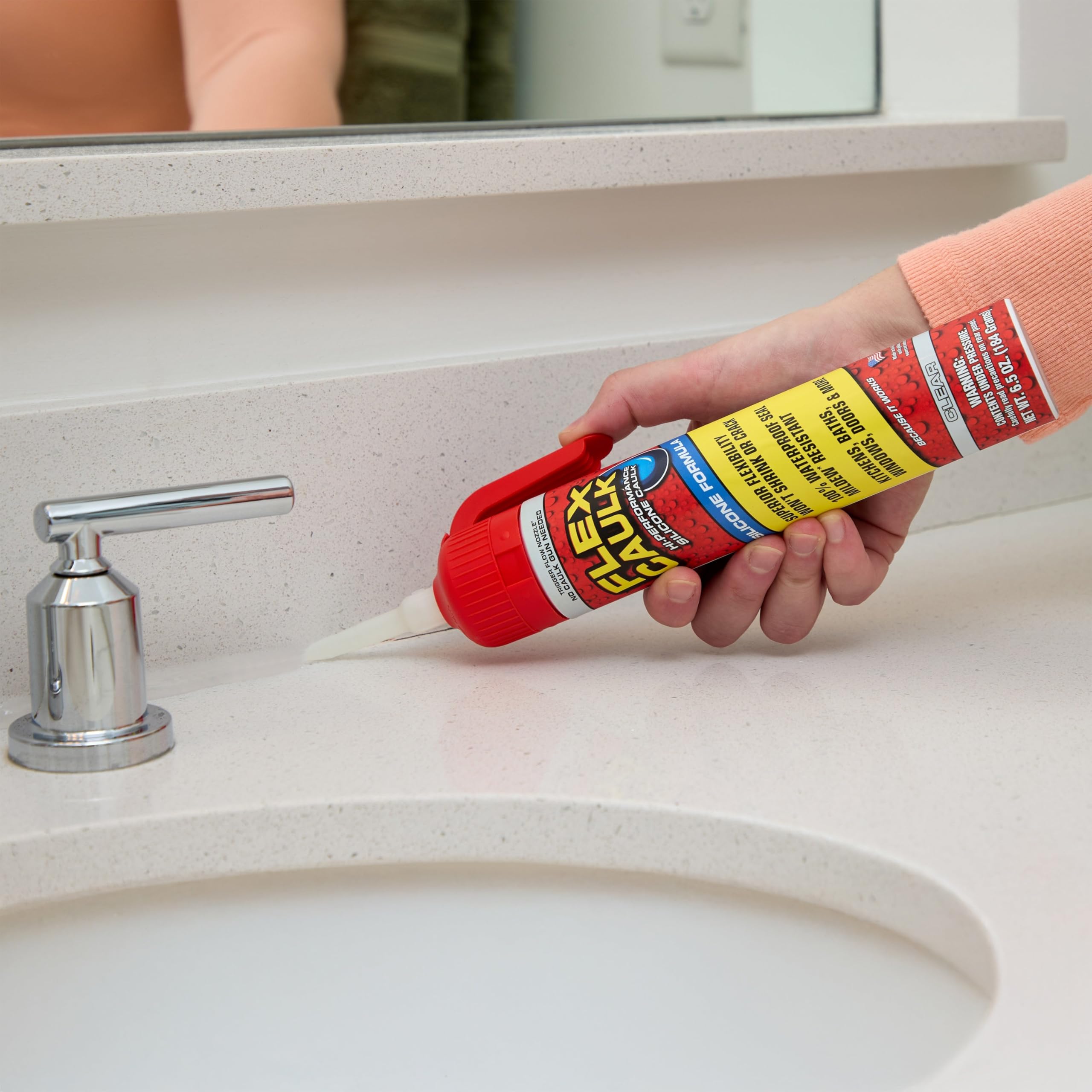 Silicone Flex Caulk, Waterproof & Weatherproof Sealant, Strong, Indoor, Outdoor, Bath, Kitchen, Shower, Sink, Window, Baseboards, Door, RV, Roof, Wood, Glass, Tile, Marine, Clear, 6.5 oz, 1-Pack