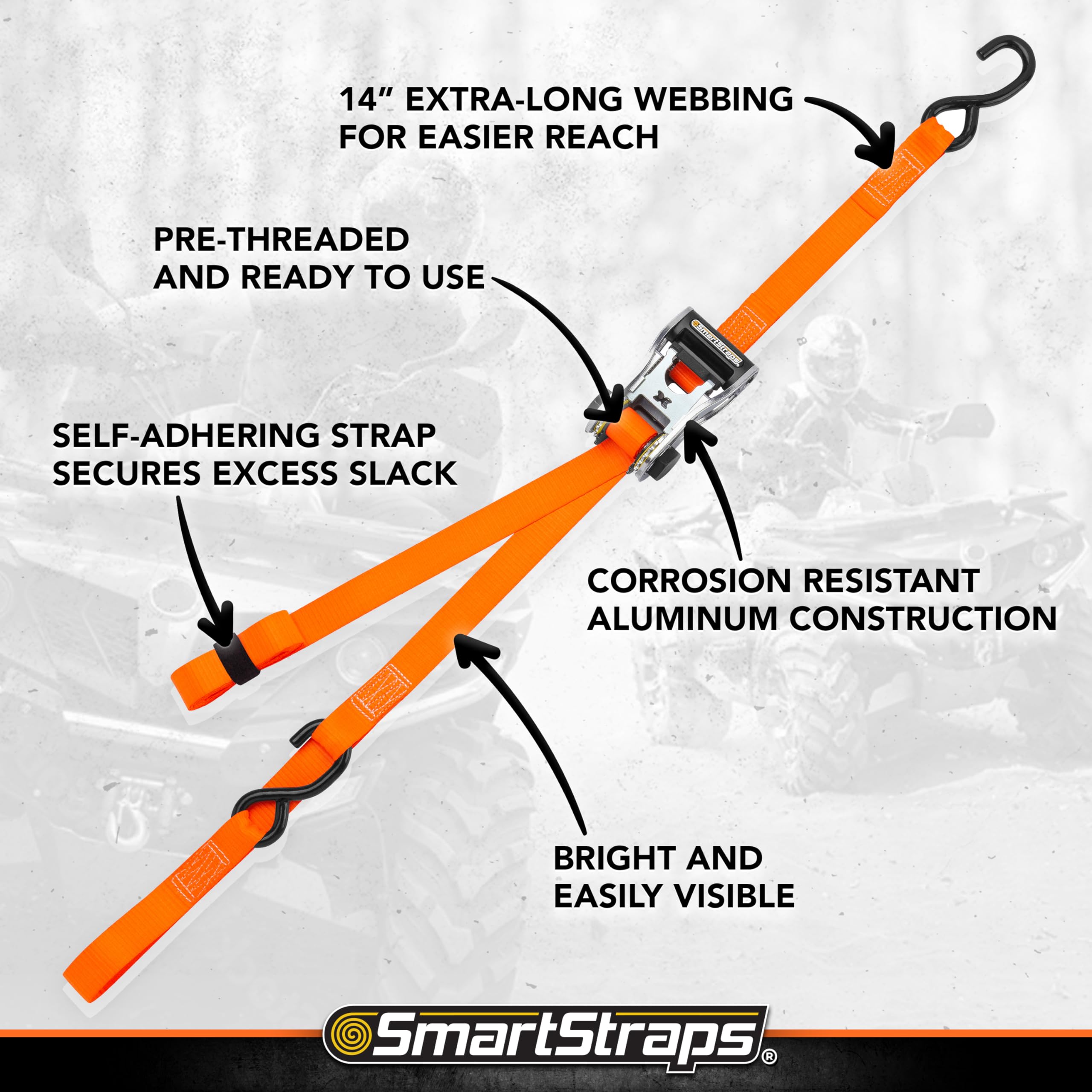 SmartStraps WINSTON PROD 14’ Premium Ratchet Straps, 4 Pack – 3,000lbs Break Strength, 1,000lbs Safe Work Load – Haul Heavy-Duty Loads Such As Boats and Appliances