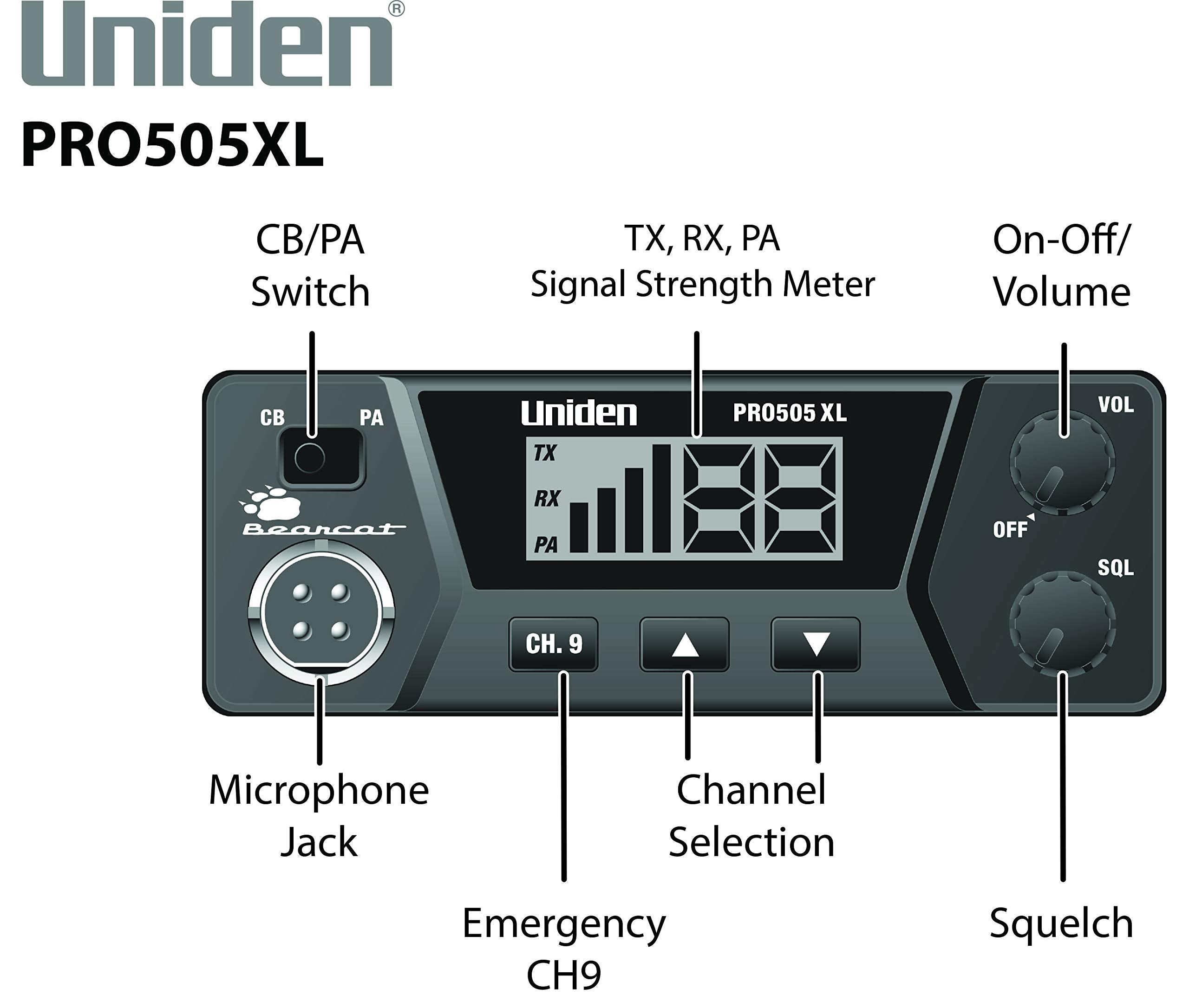 40-Channel Uniden PRO505XL CB Radio. Pro-Series, Compact Design. Public Address (PA) Function. Instant Emergency Channel 9, External Speaker Jack, Large Easy to Read Display. - Black