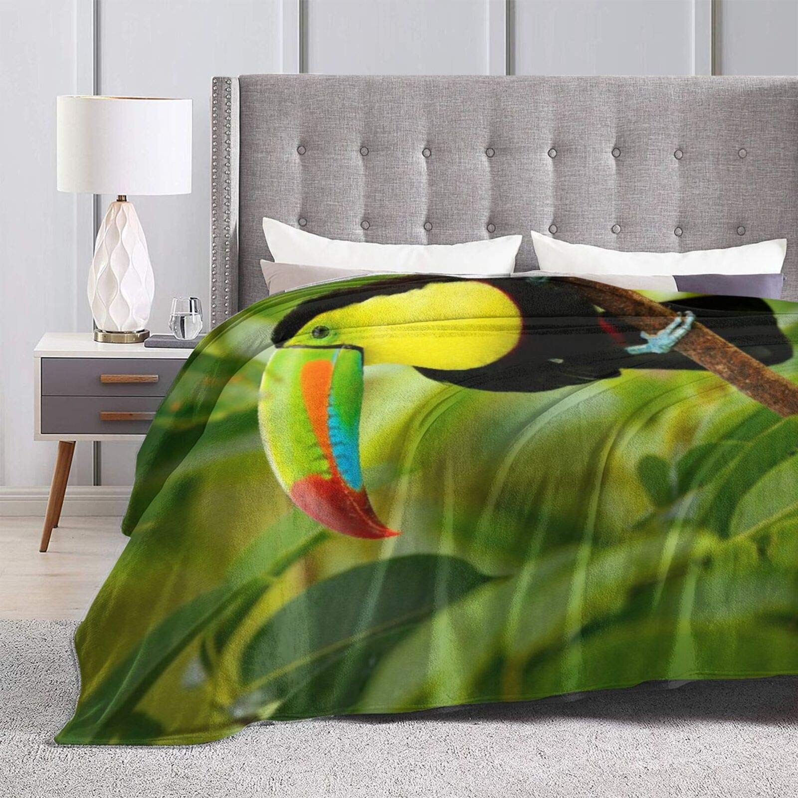 Custom Personalized Throw Blanket,Keel Billed Toucan Ramphastos Sulfuratus Bird Big Bill Sitting Branch In The Forest Boca Tapada Green,Soft Comfortable Plush Blanket for Sofa Bedroom Travel 50"X60"