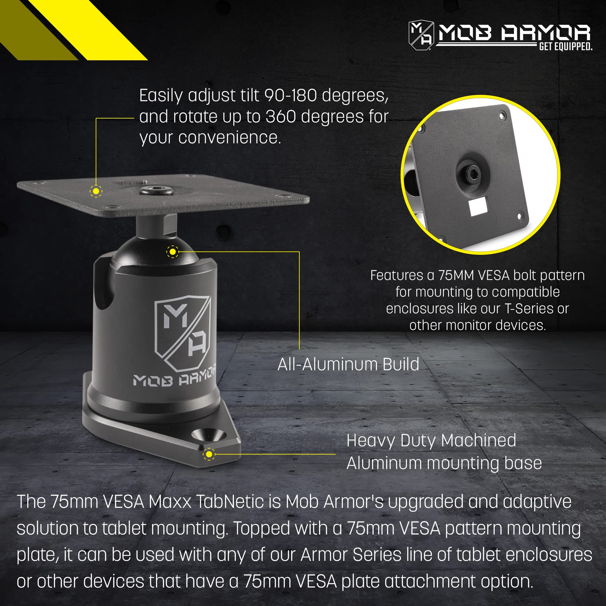 Mob Armor 75mm Maxx VESA Direct Mount - Heavy Duty Device Mount with Sturdy Metal Base, Universal Tablet and Phone Holder, and Reliable Permanent Mounting Plate for Secure Installations