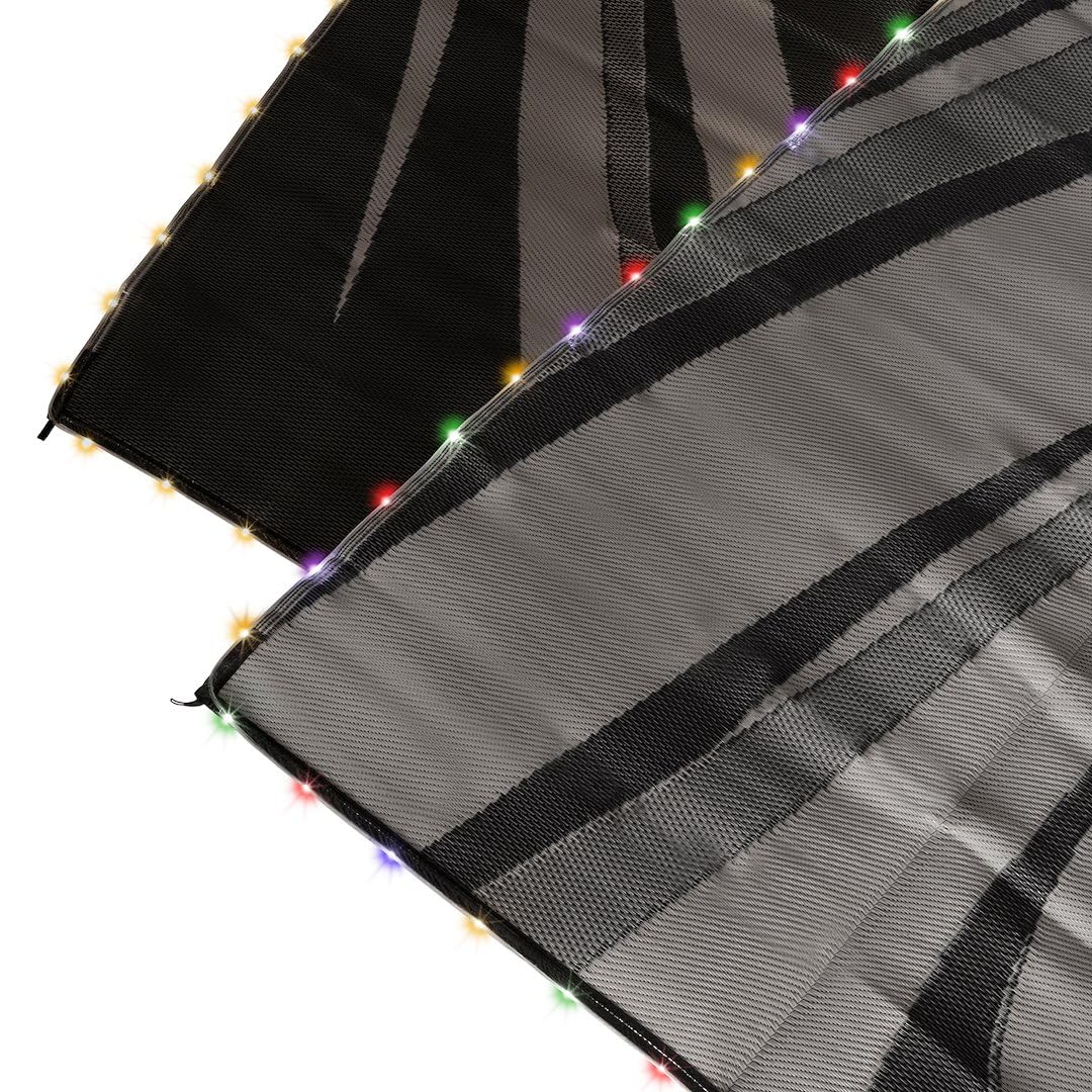 FAULKNER 53024 Patio Mat, Modern Swish Design, 12 Foot Length x 9 Foot Width, Polypropylene, Reversible Black/Gray Fabric, with Grommets, Solar Powered Multicolor Or White LED Lights