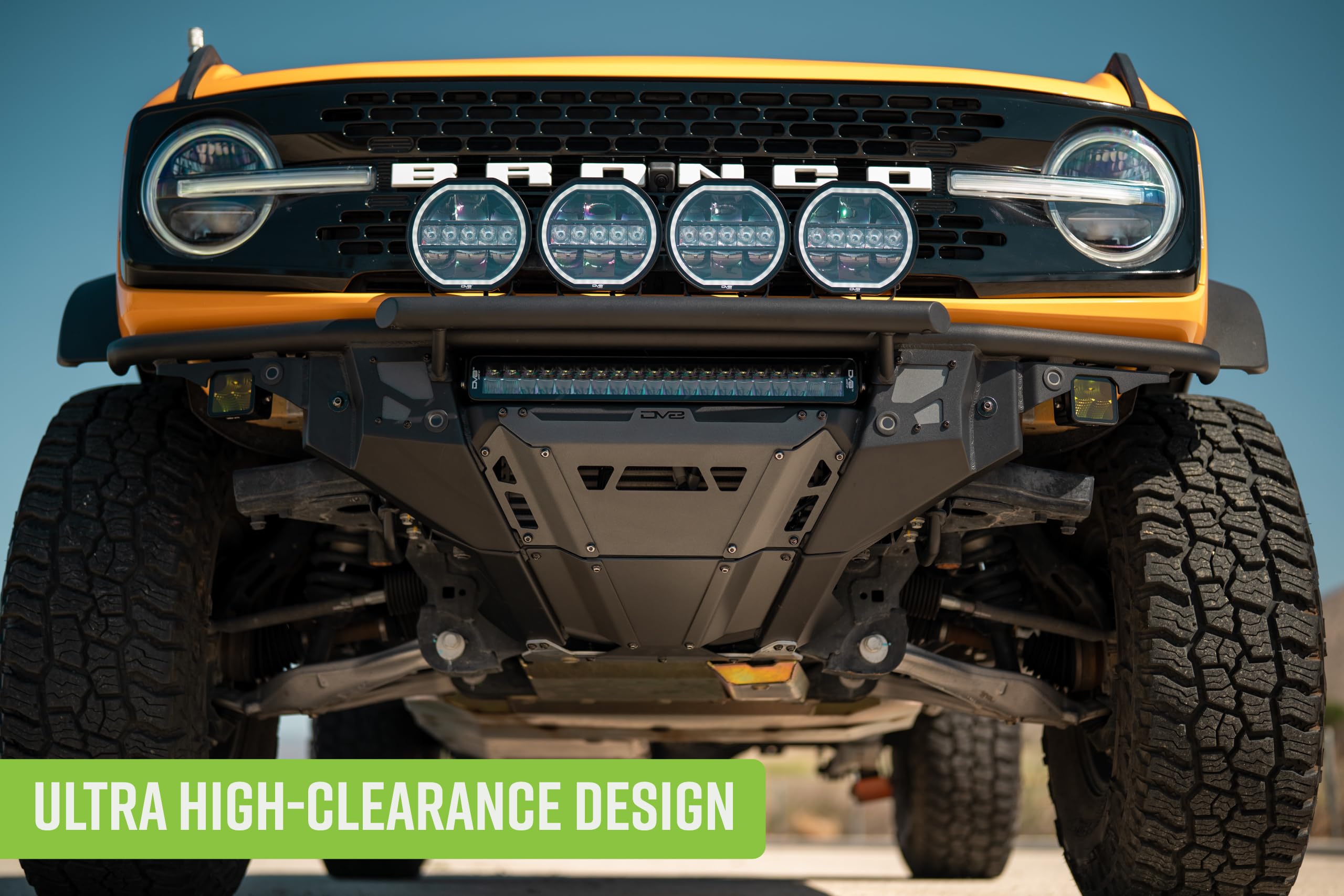 Front Bumper DV8 Offroad Tube Series for 2021-2025 Ford Bronco | Ultra High-Clearance Design | Center Light Mount | Prerunner Style Bolt-On Light Hoop | Recovery Points | Front Skid Plate | Steel