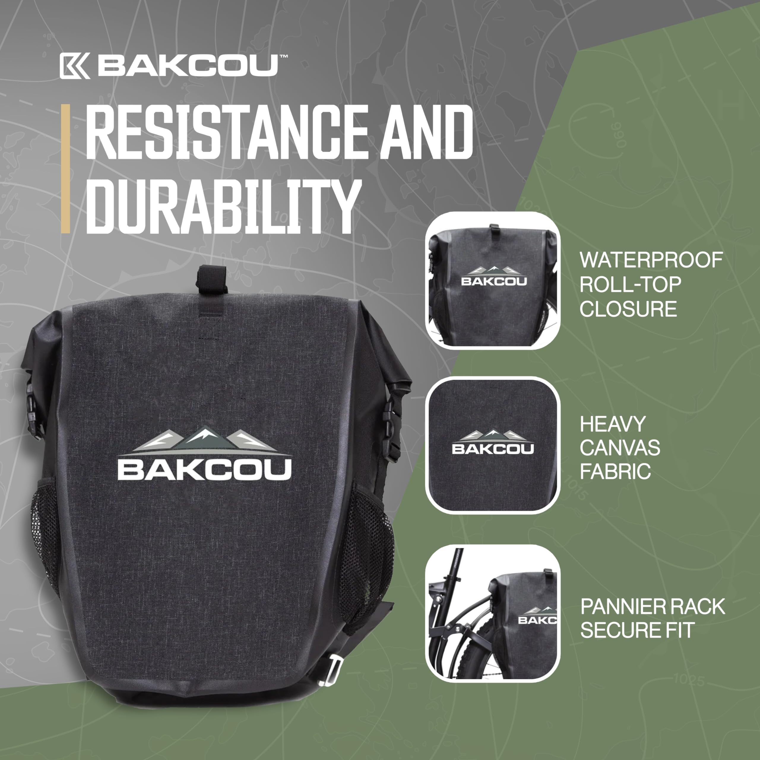 Pannier Bags - Bakcou Set of 2 Waterproof, Lightweight, Sturdy, Anti-Puncture Canvas, Quick Release Clamps, Reflective Logo - 20L Capacity