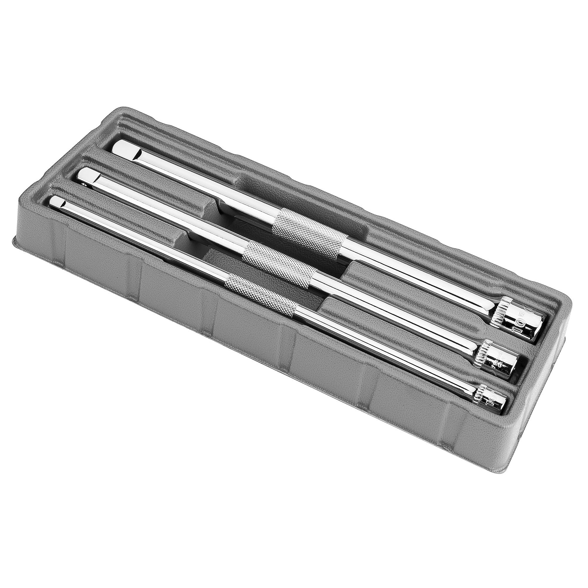 3-Piece Ingersoll Rand Extension Bar Set with Storage Tray, 10-Inch Chrome Vanadium Extensions in 1/4", 3/8", and 1/2" Drive with Reusable Storage Tray, Mirror-Polished Finish - 752056