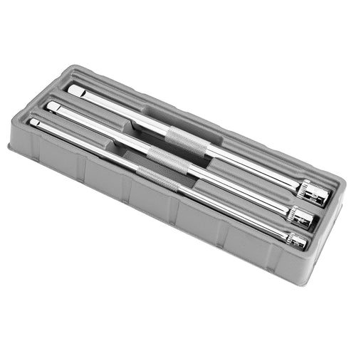 3-Piece Ingersoll Rand Extension Bar Set with Storage Tray, 10-Inch Chrome Vanadium Extensions in 1/4", 3/8", and 1/2" Drive with Reusable Storage Tray, Mirror-Polished Finish - 752056