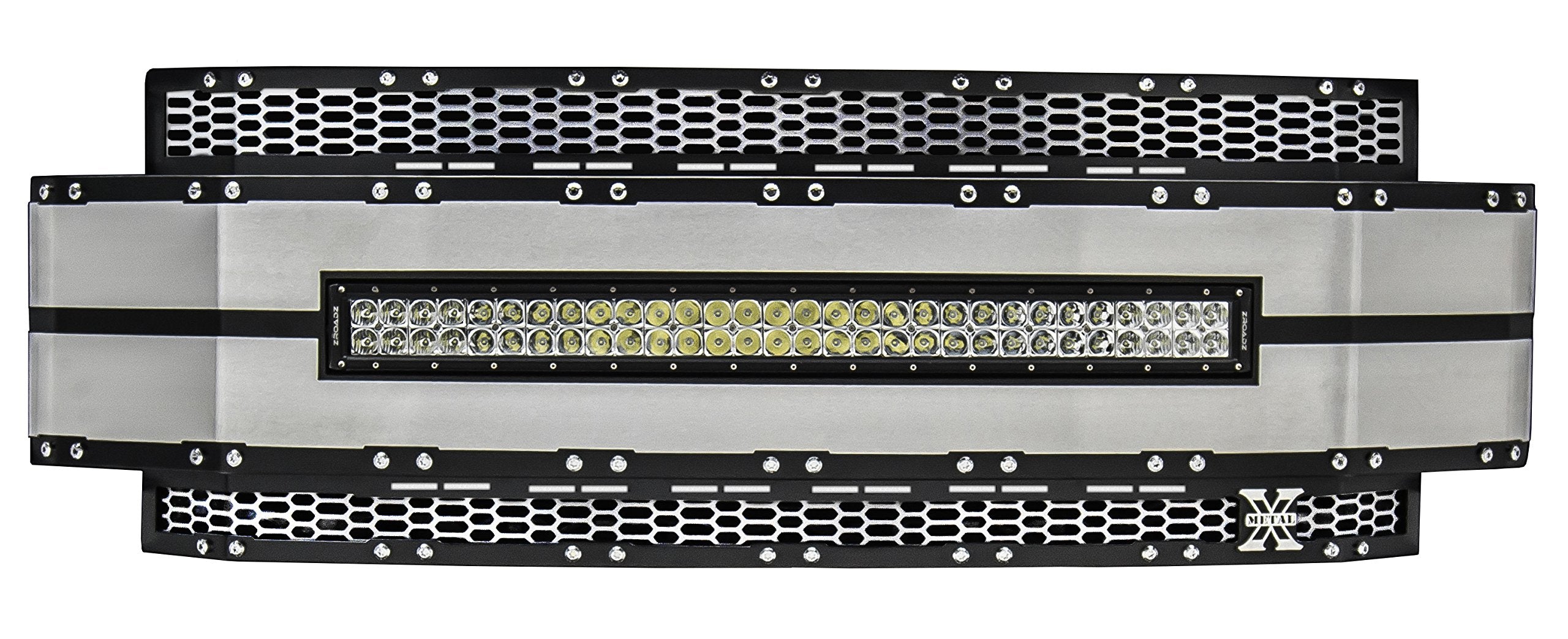T-Rex Grilles Torch AL Grille, 2017-2019 Super Duty Black Mesh and Trim, 1 Pc, Replacement, Chrome Studs with (1) 30" LED, Does Not Fit Vehicles with Camera - PN #6315481