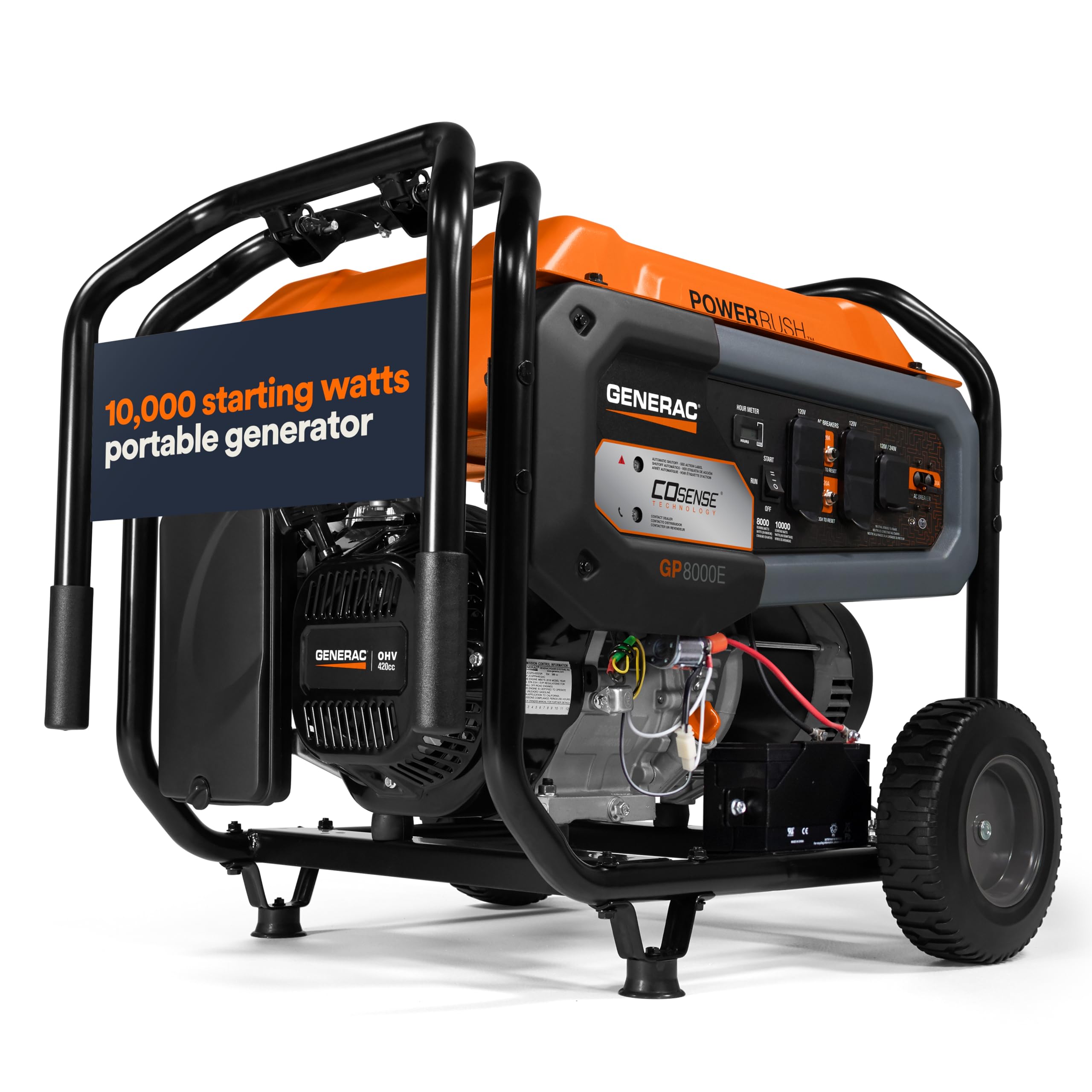 Generac Portable Gas Generator 10,000 Starting Watt - Electric Start - Home Backup or RV Ready - Heavy Duty Frame - Quiet, Long Runtime, Emergency Power - 49-State Compliant