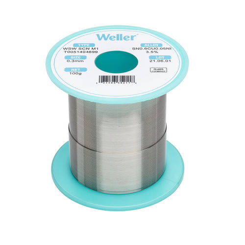 Weller M1 WSW SCN (T0051404899) Lead Free Solder Wire, Dia: 0.3 mm / 0.012 in, Wt: 100 g / 3.527 oz, Alloy Sn99.3Cu0.6Ni0.05, Flux content 3.5%