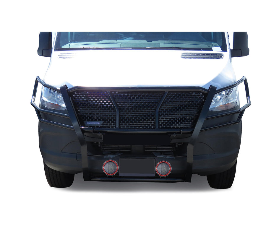 Heavy Duty Black Horse Rugged Grille Brush Bumper Guard Modular Come with Pair of 5.3" LED Lights Compatible with 2019-2025 Dodge Sprinter-Benz Sprinter 1500/2500/3500-RU-DOSP19-B-PLFR