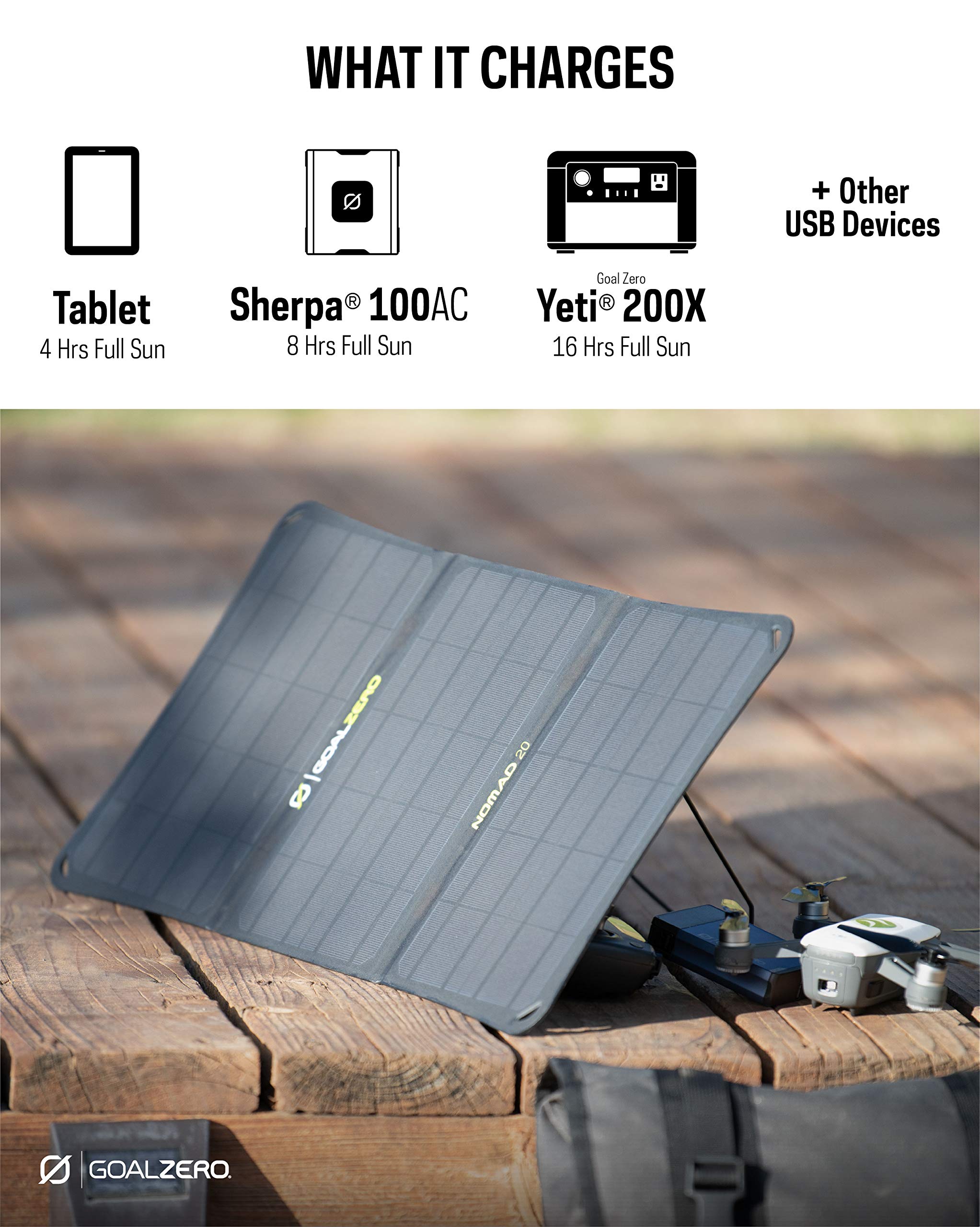 Goal Zero 20 Nomad, Foldable Monocrystalline 20 Watt Solar Panel with 8mm + USB Port, Portable Solar Panel Charger. Lightweight 18-22V 20W Solar Panel Charger with Adjustable Kickstand