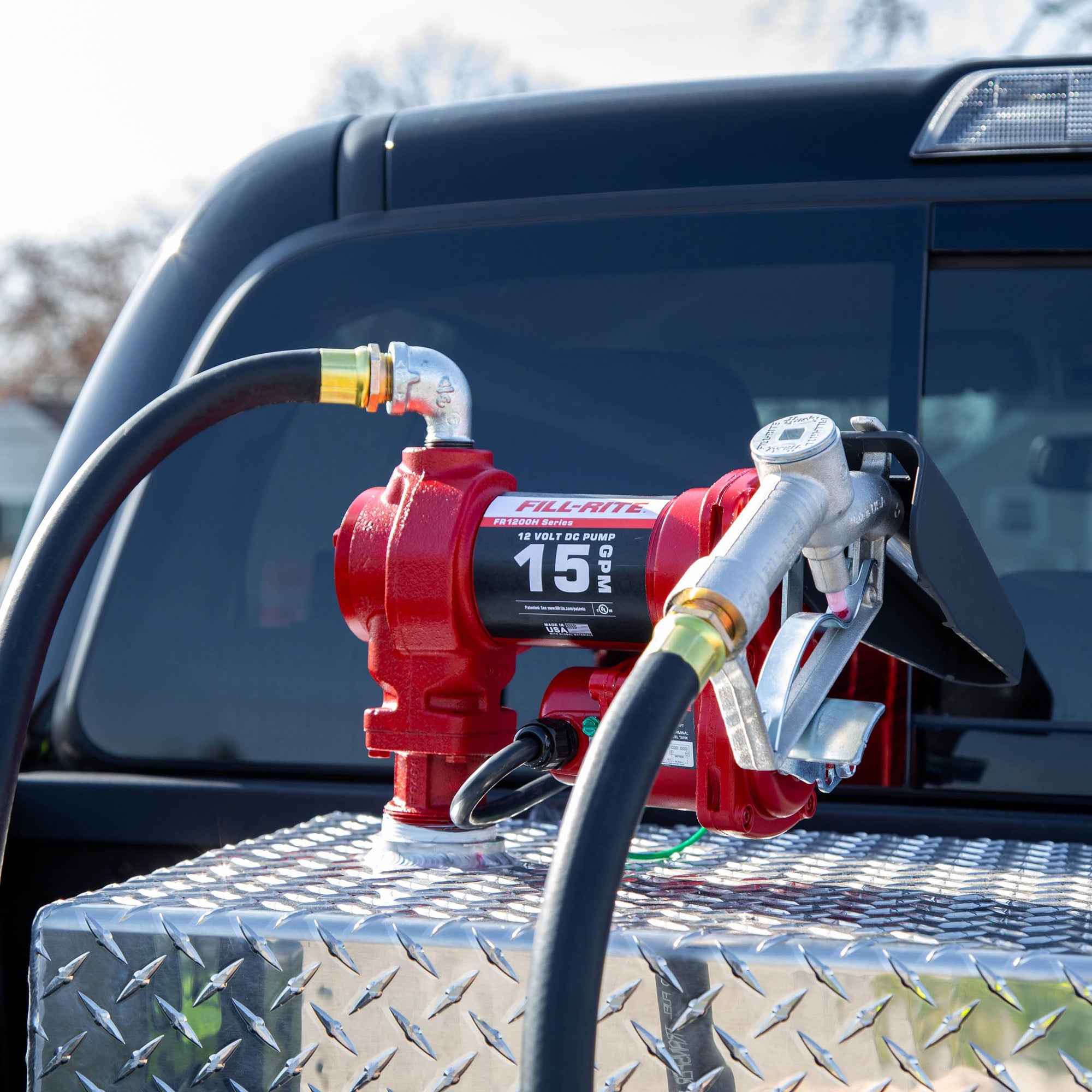 Fill-Rite 12V FR1210H 15 GPM Fuel Transfer Pump with Discharge Hose & Manual Nozzle | Gasoline, Diesel, Kerosene, Ethanol & Methanol Blends & Biodiesel