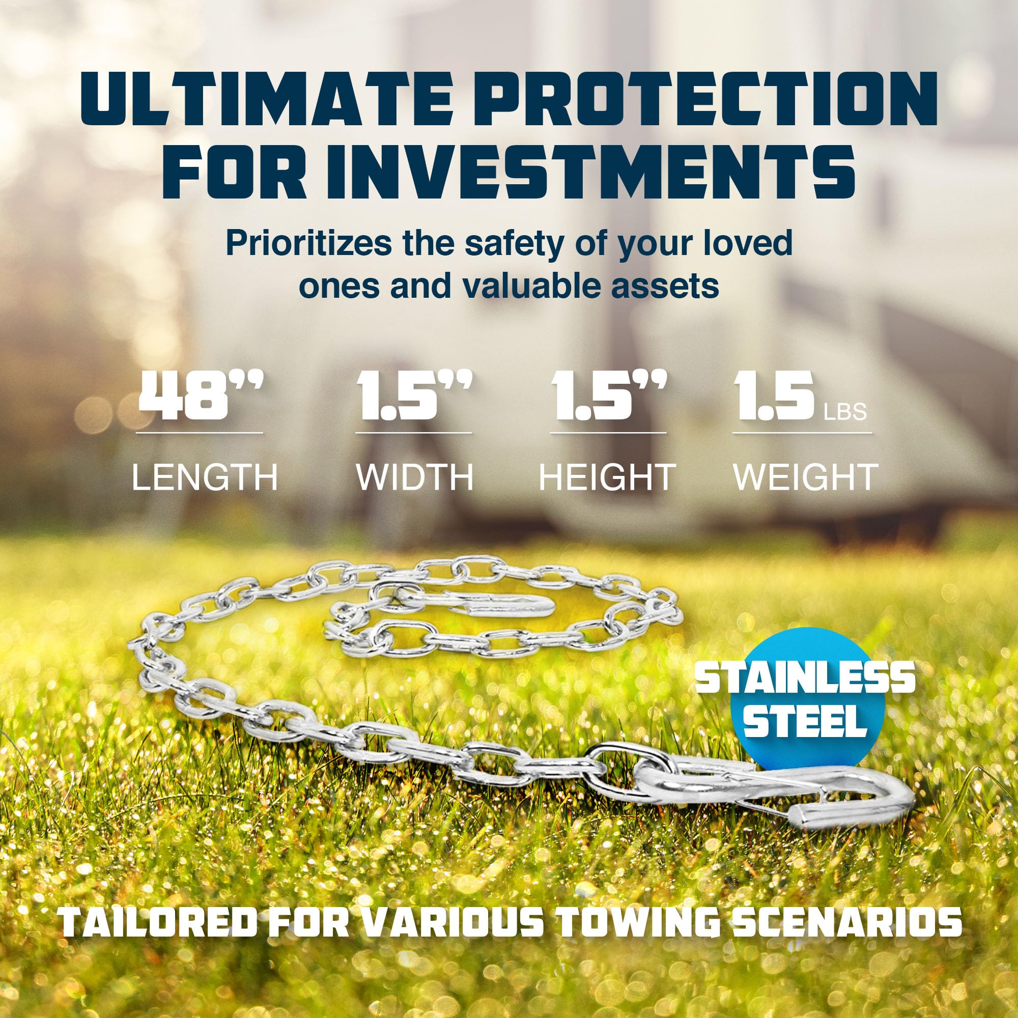 Camco 48" Heavy Duty Steel Safety Chain with Spring Hooks - Secures Tow Vehicle to Trailer | Class I 2,000 lb Capacity | Great for RV, Trailer, and Boat Towing | Rust Resistant - (50022)