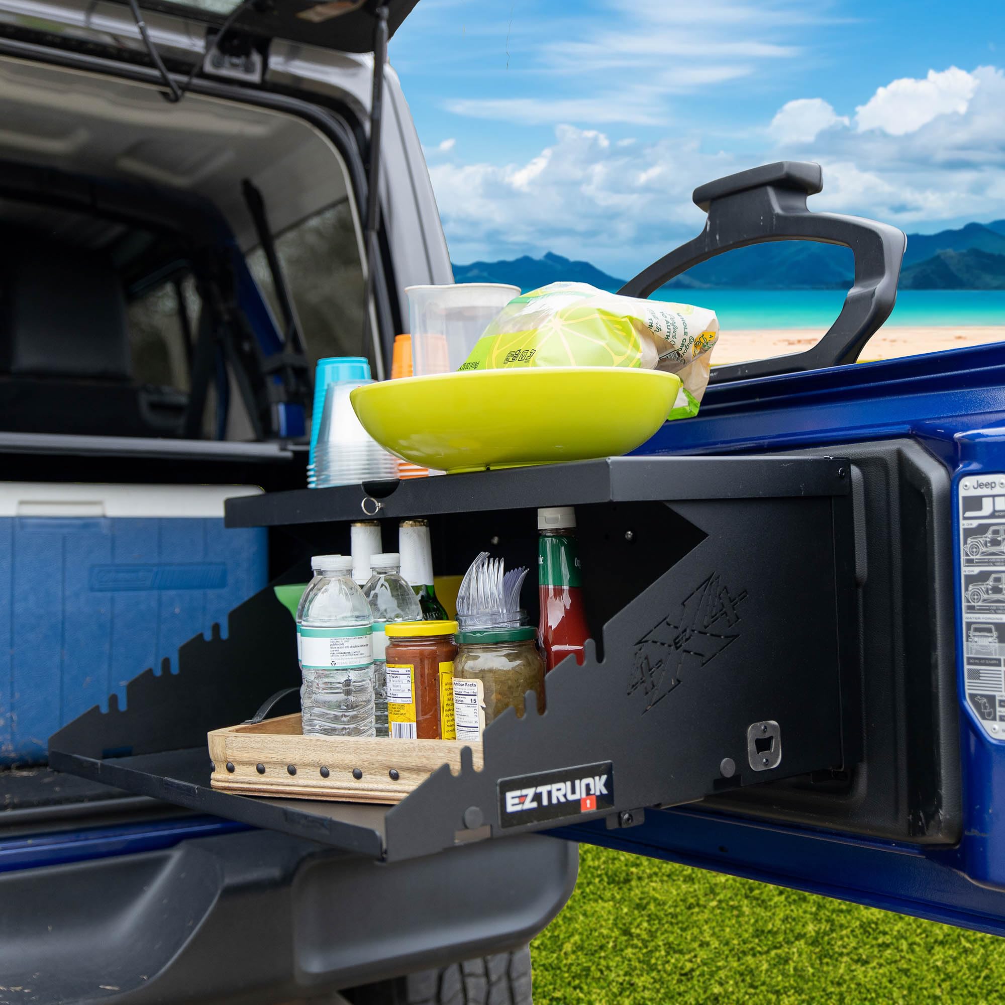 EZ4X4 Aluminum Lightweight Double Level EXTEREME Tailgate Table Foldable Cargo Shelf Storage Rack fits All Wranglers TJ/JK/JKU/JL/JLU Patent Pending