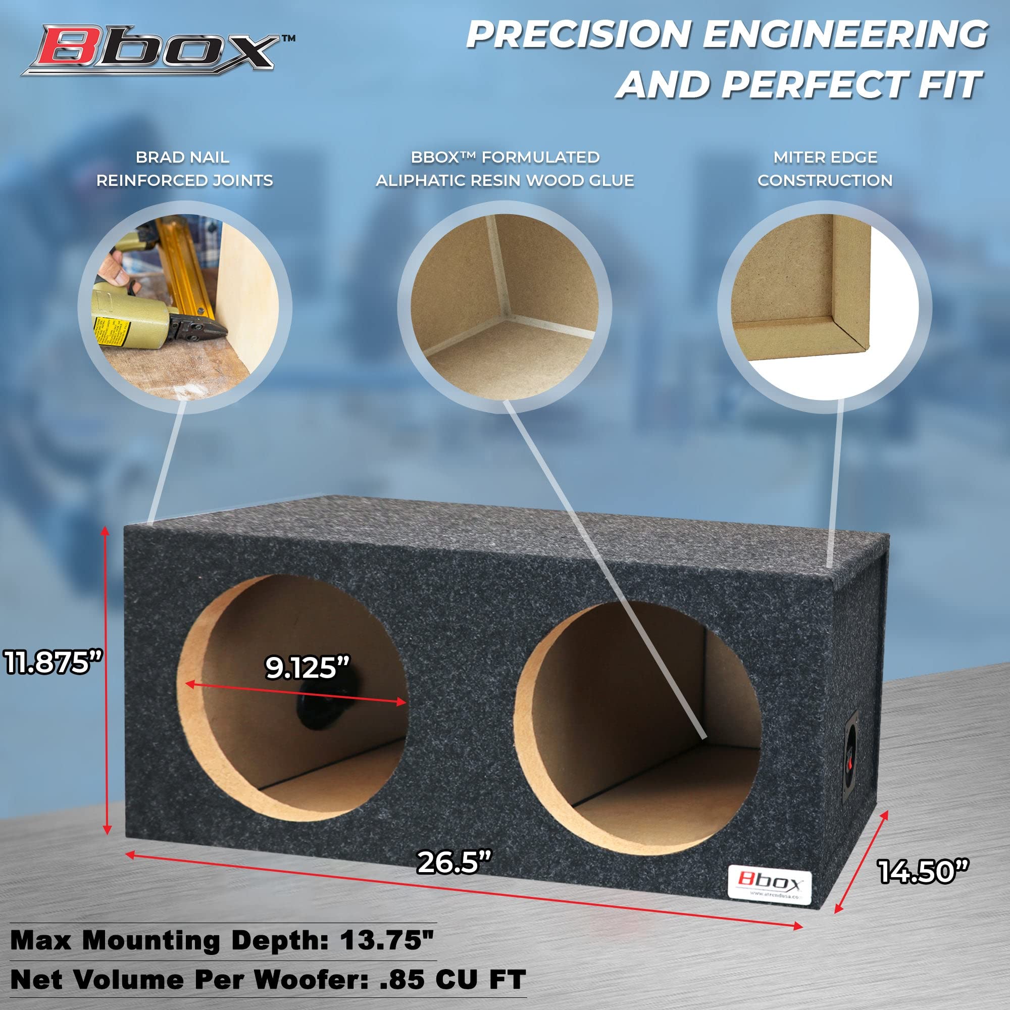 BBox Atrend E10D Dual 10" Sealed Carpeted Subwoofer Enclosure, Black