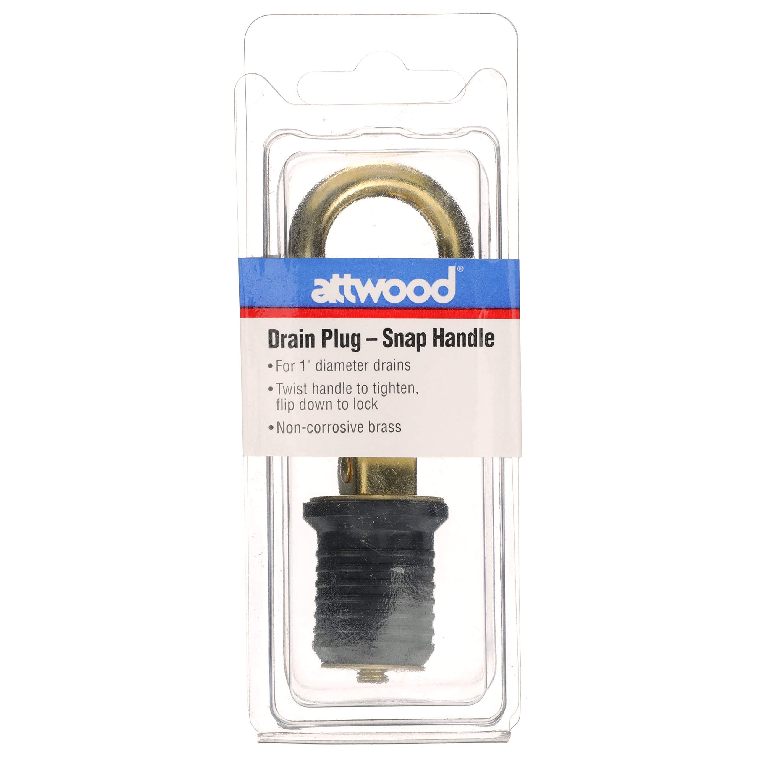 Attwood Snap-Handle 7524A7 Drain Plug, For 1-Inch-Diameter Drains, Locks in Place, Brass Handle, Rubber Plug