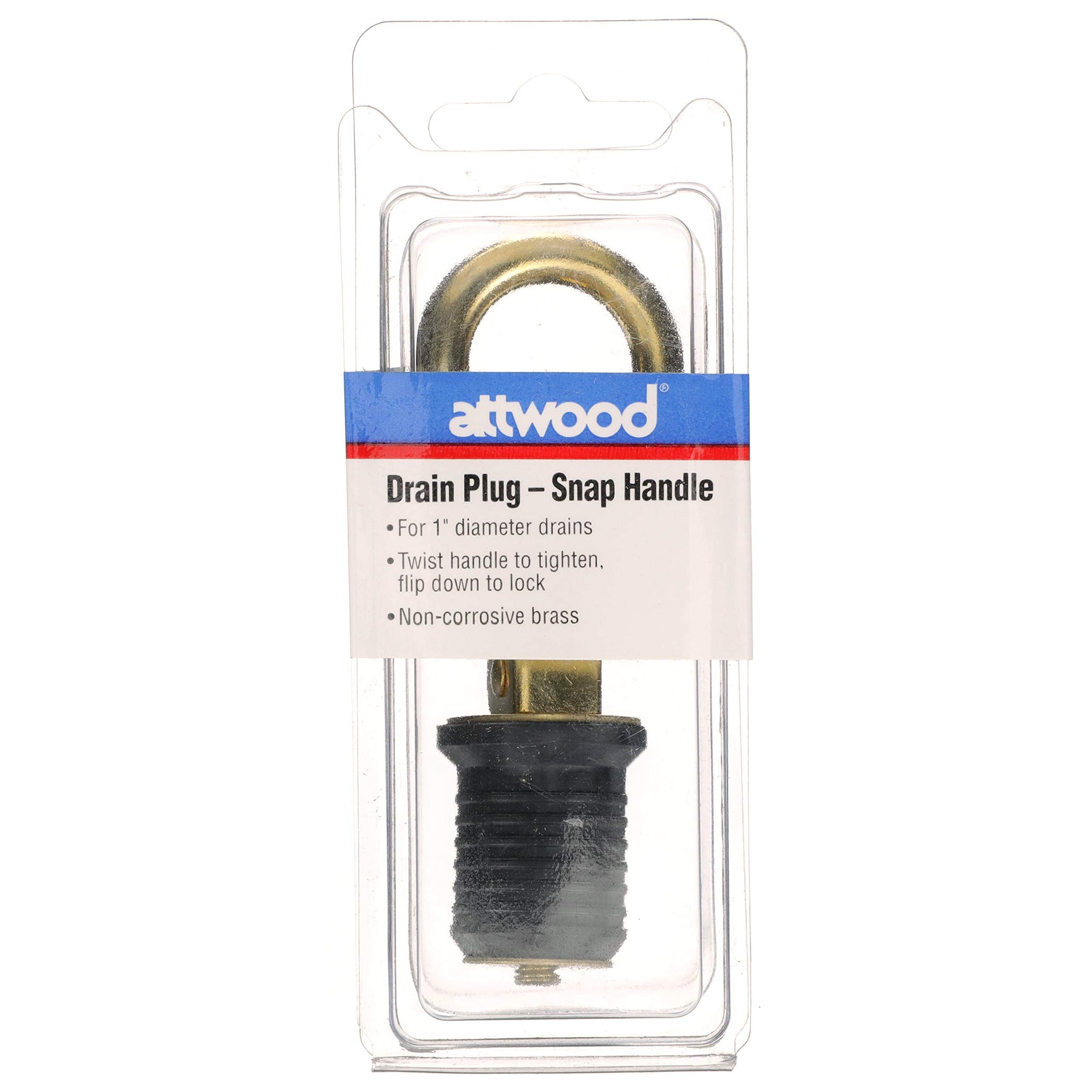 Attwood Snap-Handle 7524A7 Drain Plug, For 1-Inch-Diameter Drains, Locks in Place, Brass Handle, Rubber Plug