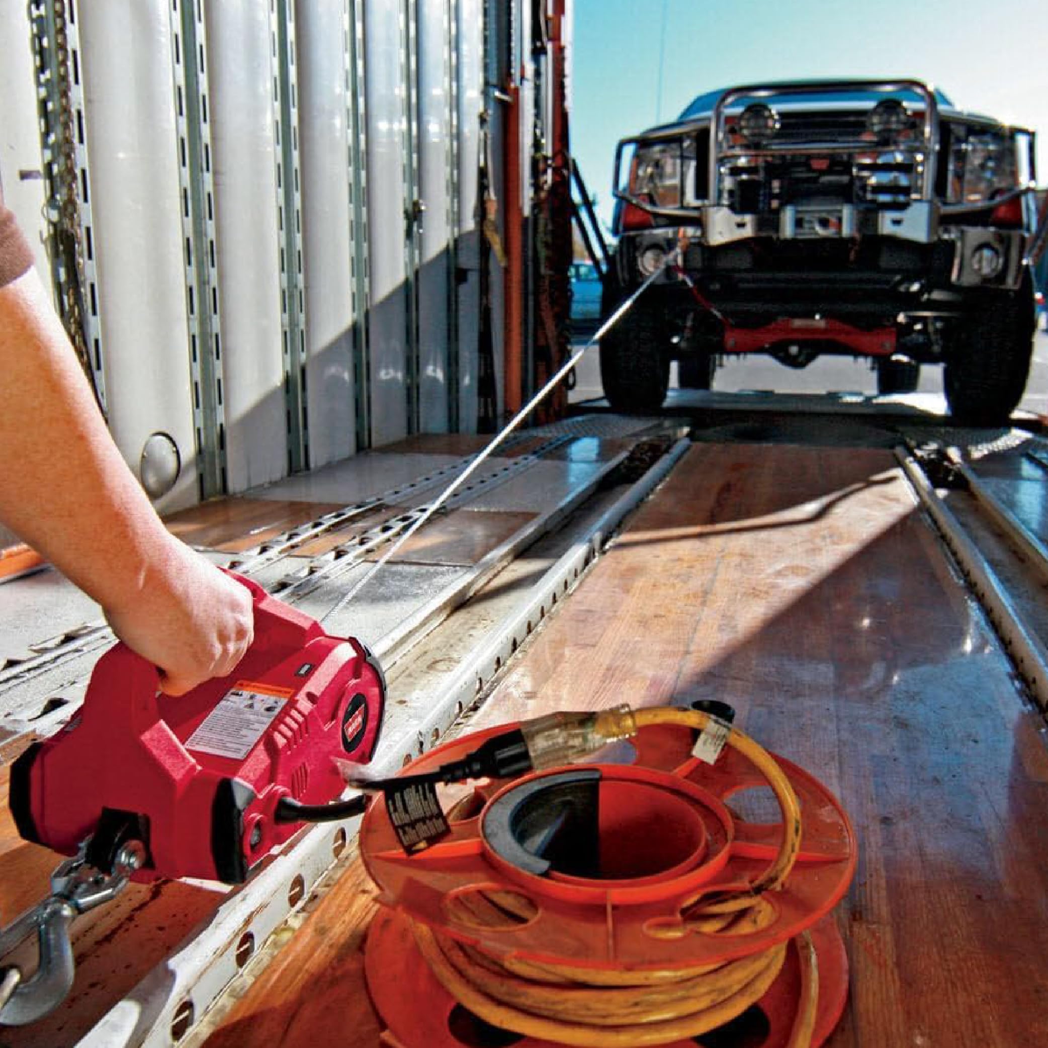 PullzAll WARN 885001 Corded 120V AC Portable Electric Winch with Steel Cable and Swiveling Anchor Hook for Hoisting an Engine Block: 1,000 lb (1/2 Ton) Pulling Capacity, Variable Speed Control.